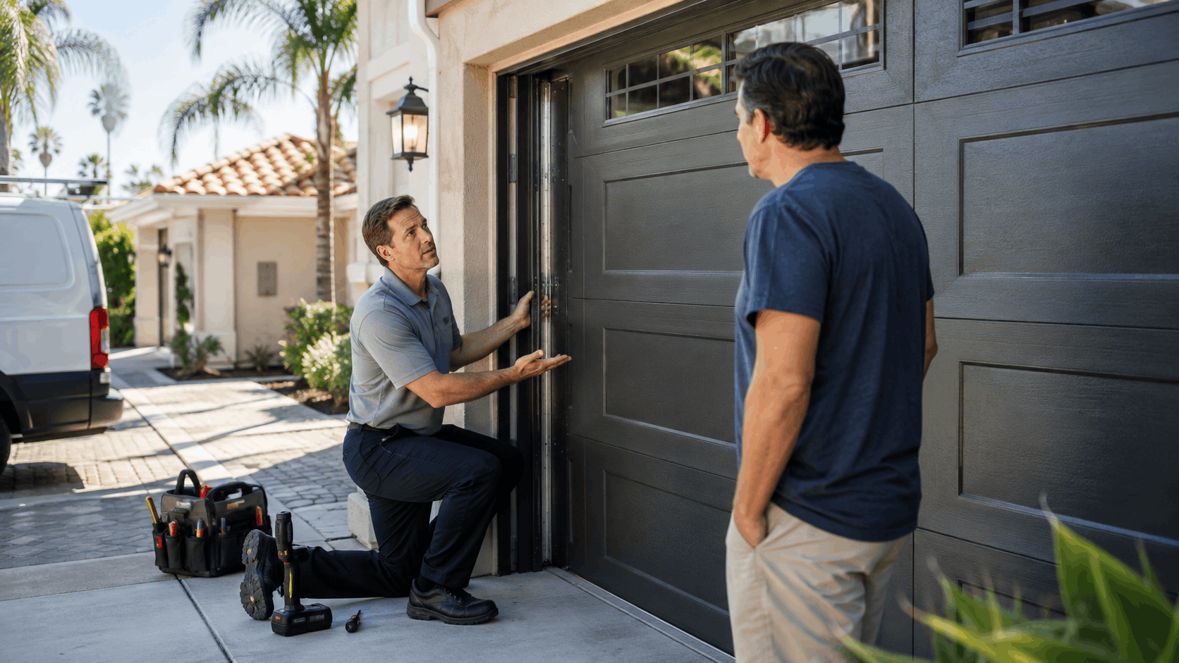 Garage door technician inspecting track while Irvine homeowner watches repair service