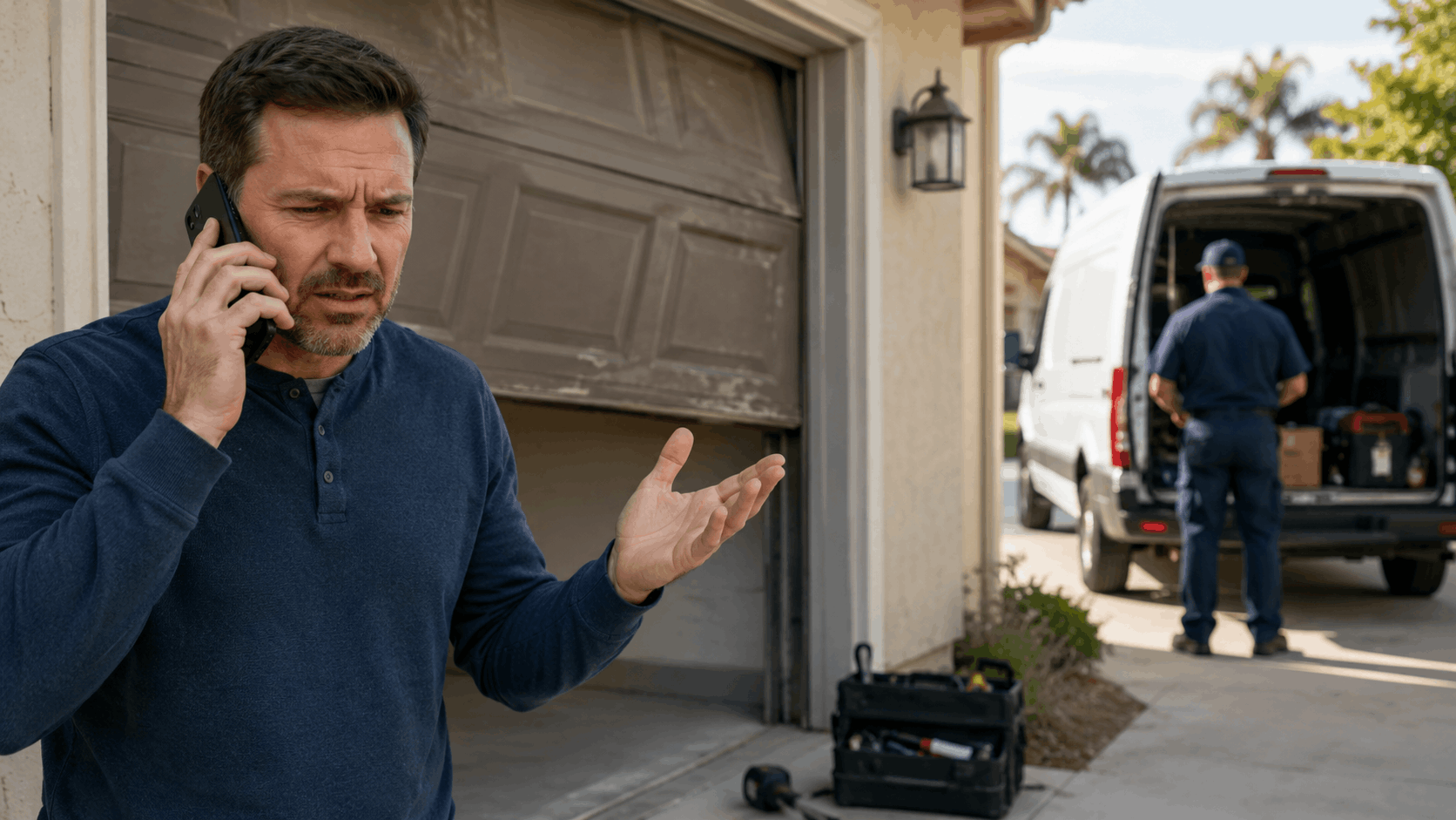 Frustrated homeowner on phone call beside broken garage door with repair technician
