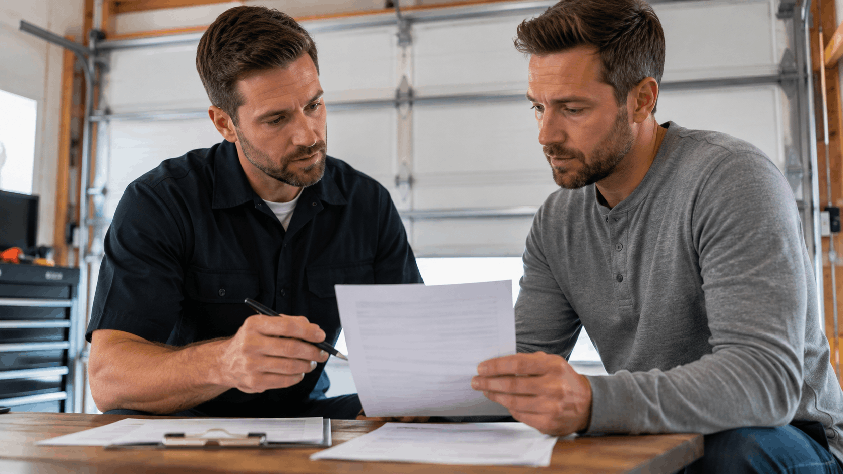 Contractor reviewing garage door repair quote with homeowner in Irvine garage workshop