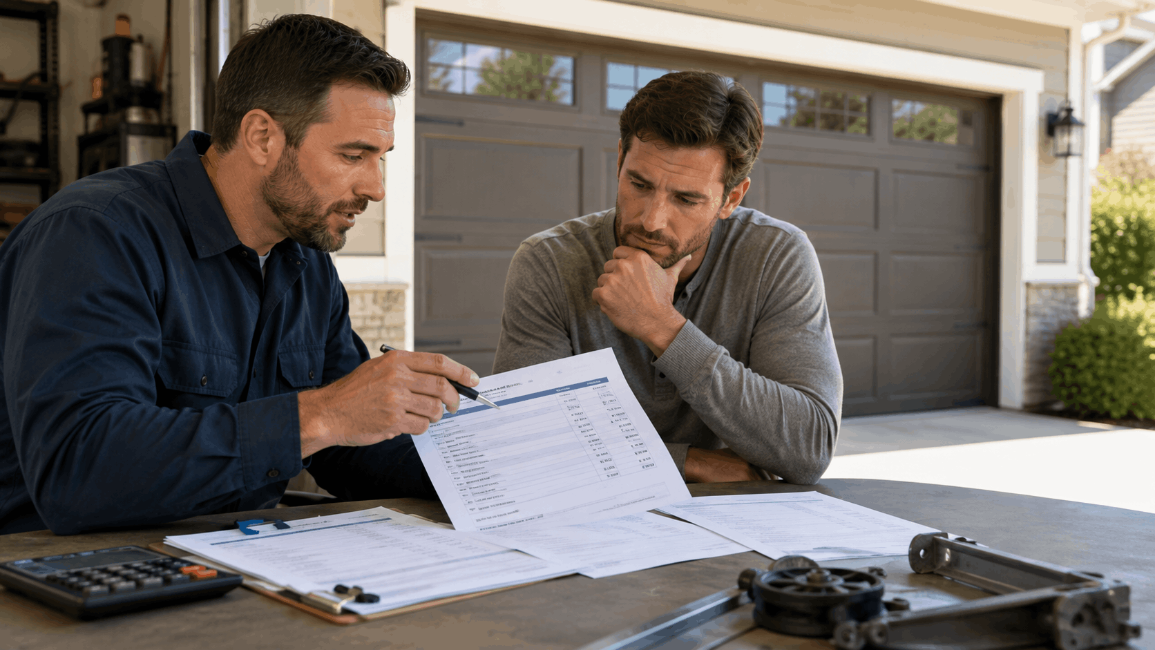 Garage door technician reviewing repair cost estimate with concerned Irvine homeowner outdoors