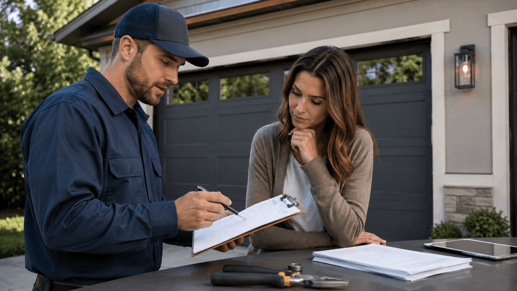 Garage door technician reviewing repair quote with Irvine homeowner on clipboard