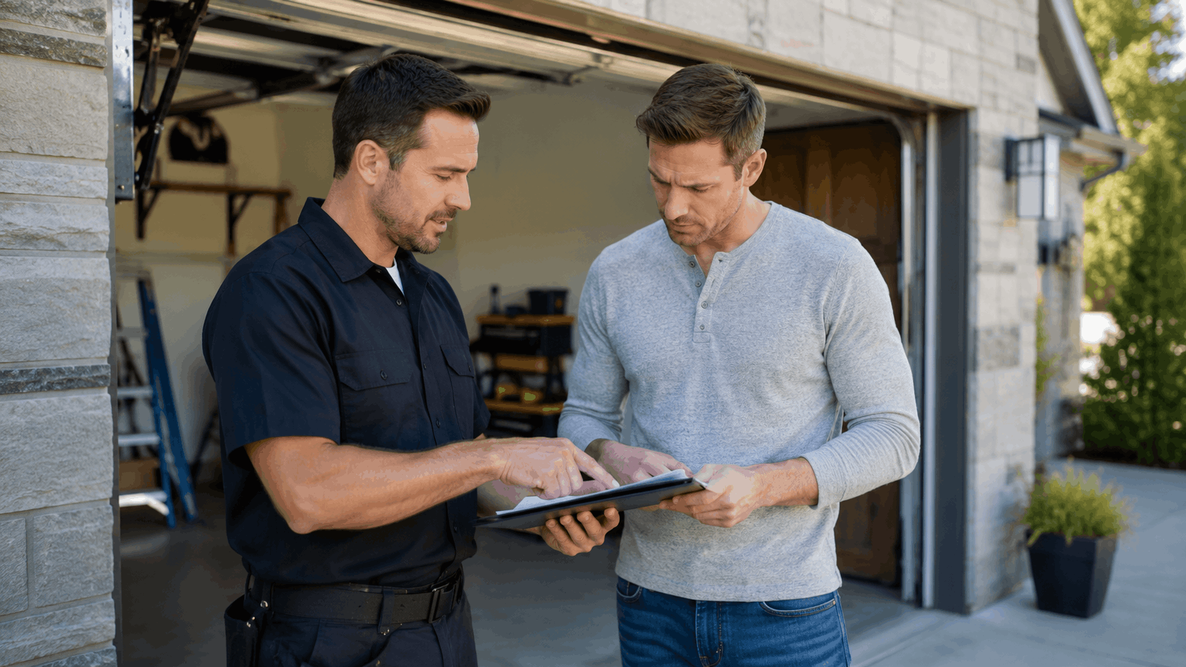 Garage door technician reviewing transparent service quote with Irvine homeowner on tablet