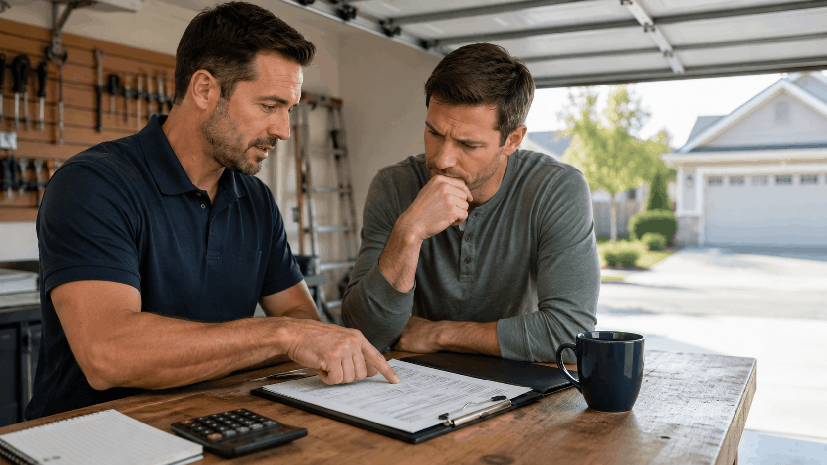 Homeowner reviewing garage door repair estimate with contractor in residential garage