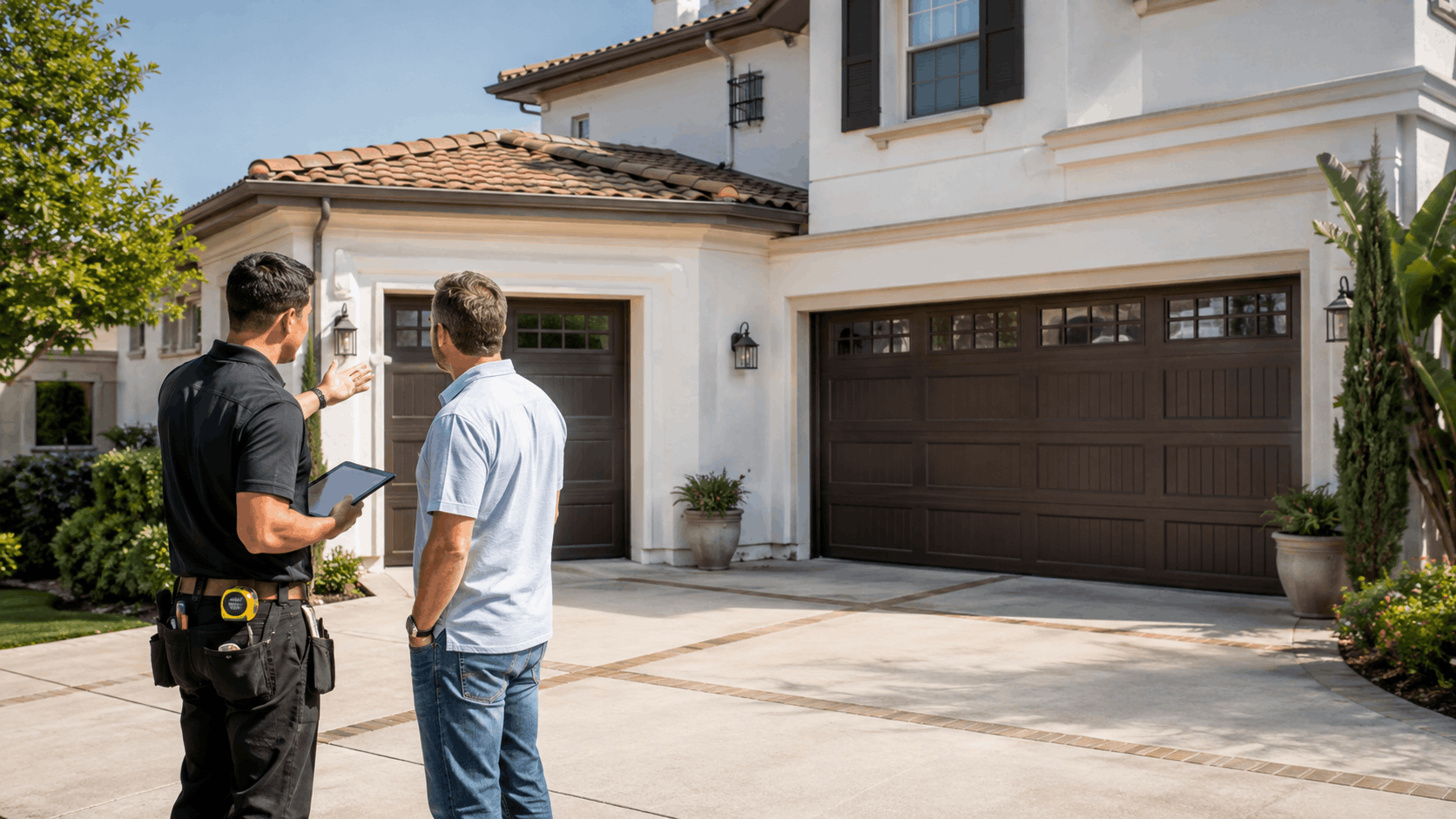 Garage door technician consulting Irvine homeowner outside luxury home with brown garage doors