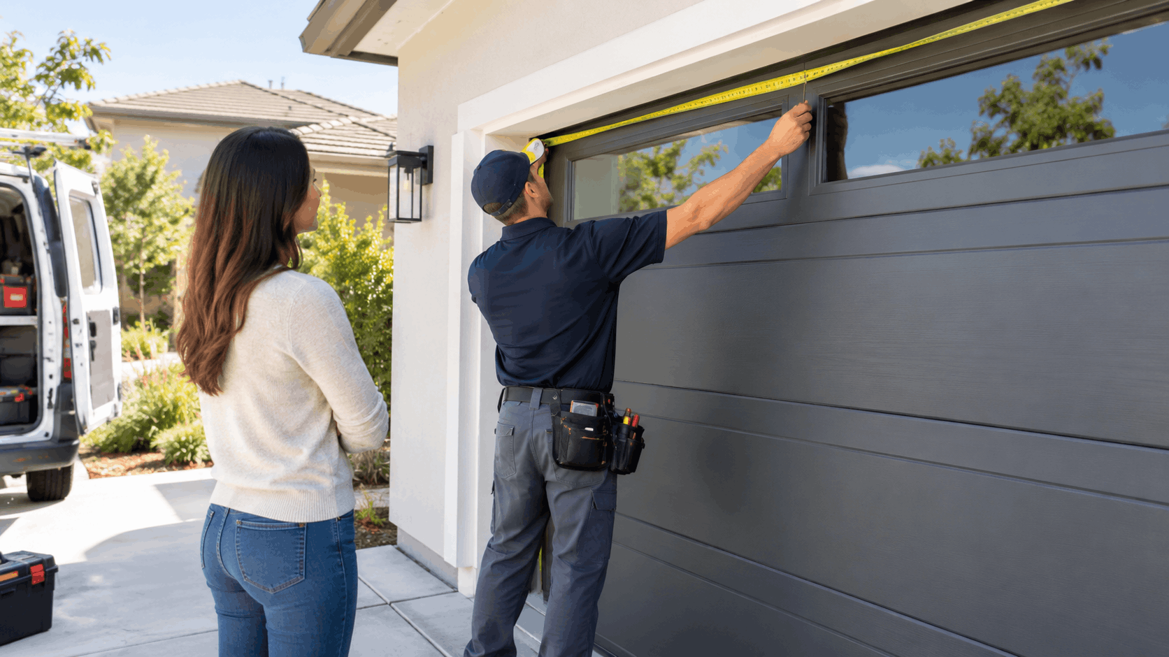 Garage door technician measuring gray panel door width while homeowner watches in Irvine