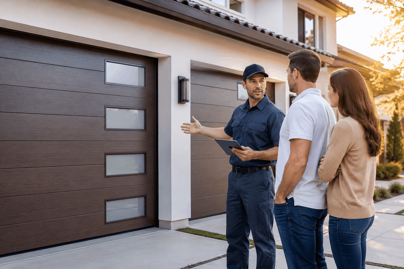 Garage door technician consulting with homeowners about garage door opener options in Irvine