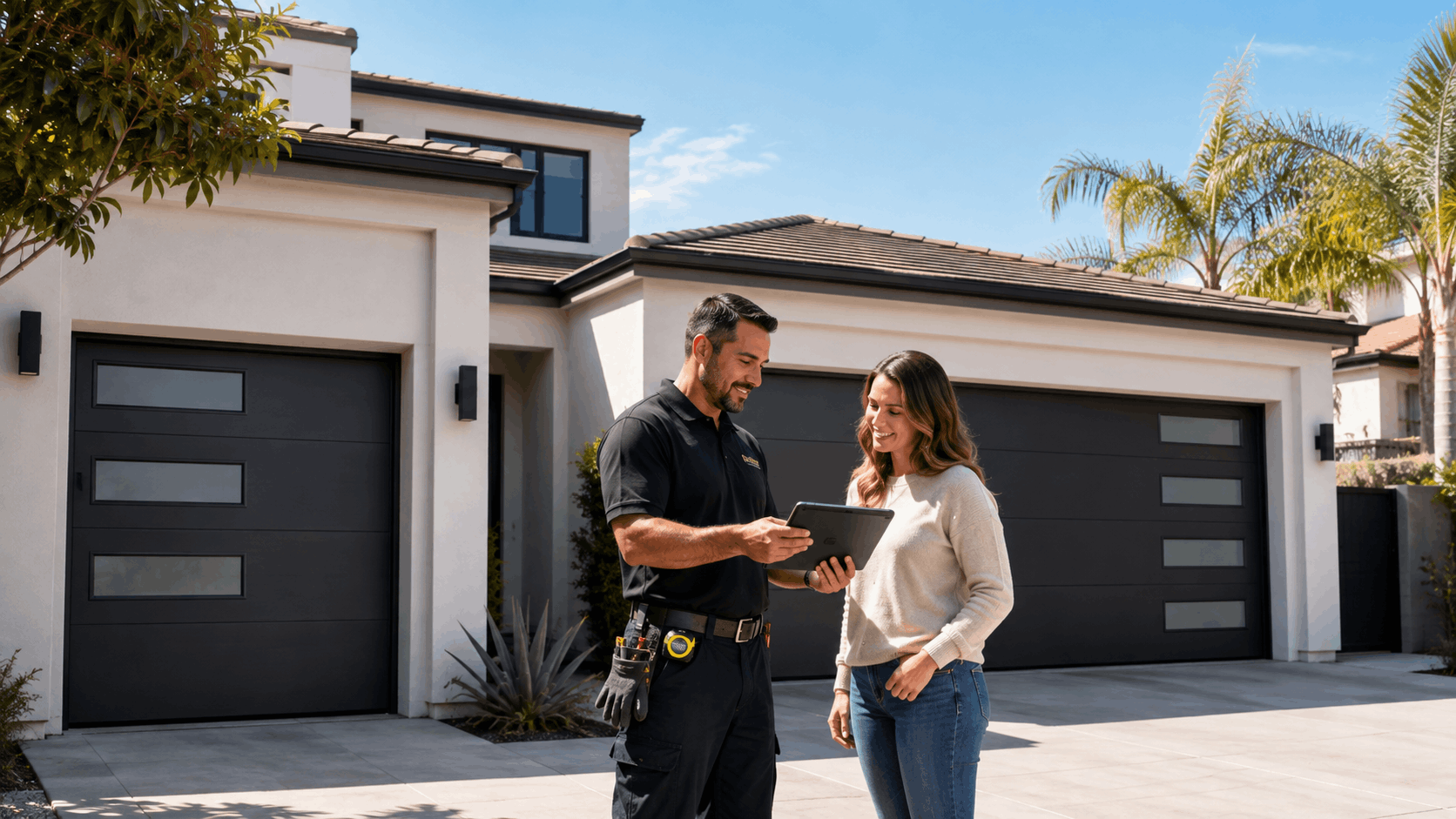 Urgent Garage Doors technician consulting Irvine homeowner on tablet in modern driveway