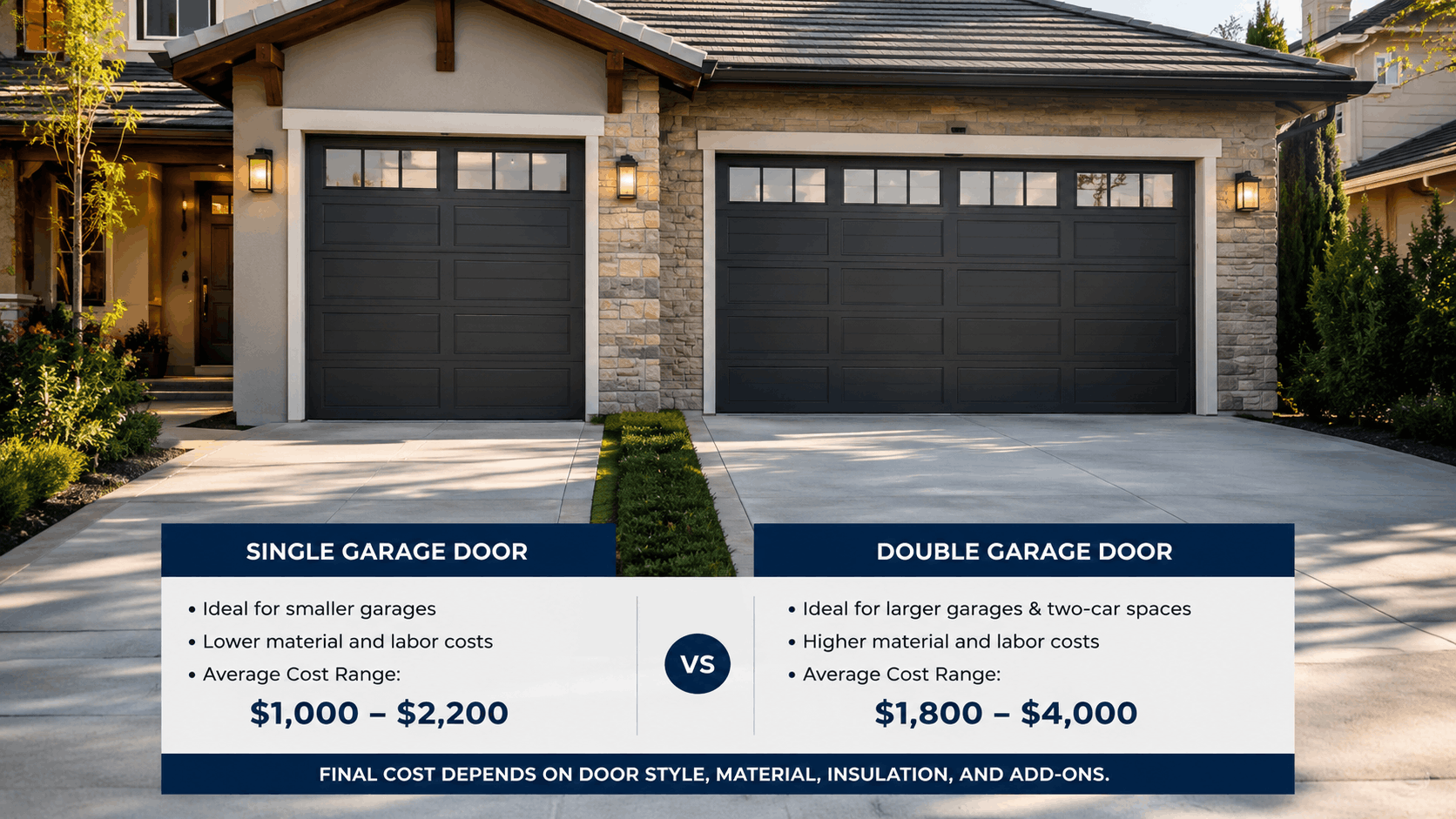 Single vs double garage door cost comparison chart for Irvine homeowners