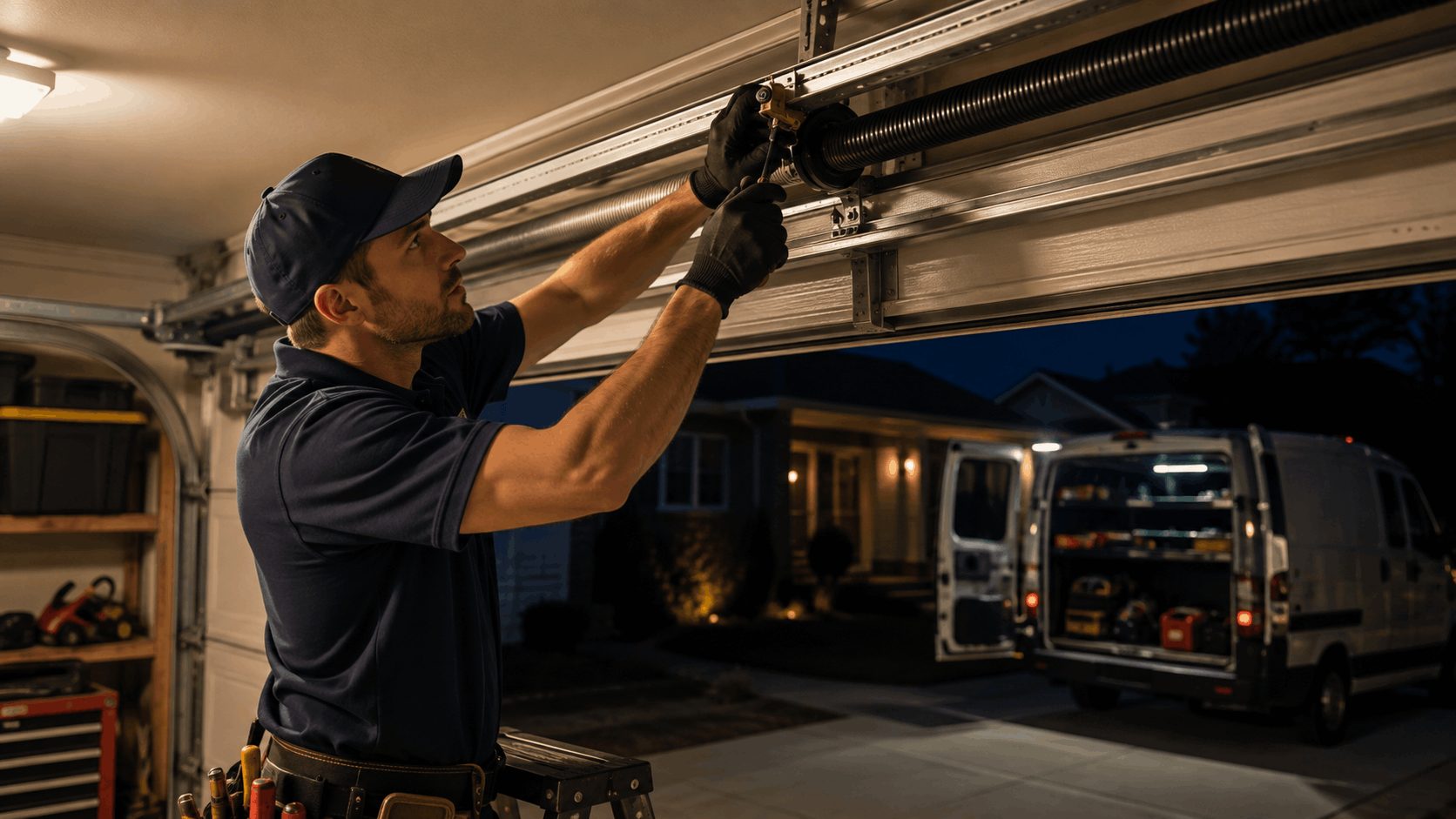 Technician repairing garage door torsion spring at night in Irvine Orange County