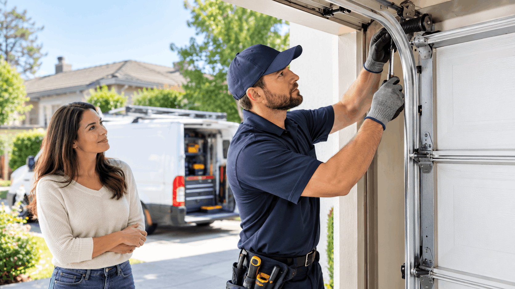 Garage door technician repairing spring mechanism while Irvine homeowner watches nearby