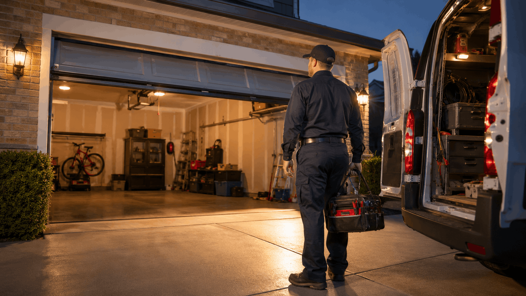 Garage door technician carrying tool bag toward open residential garage at night