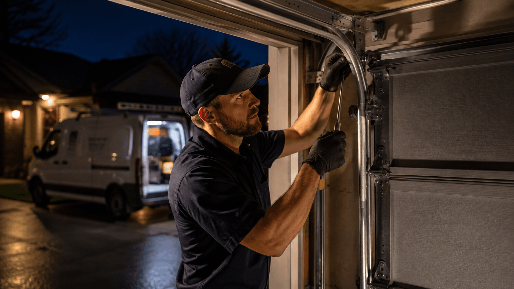 Garage door technician repairing track and hardware in Irvine at night