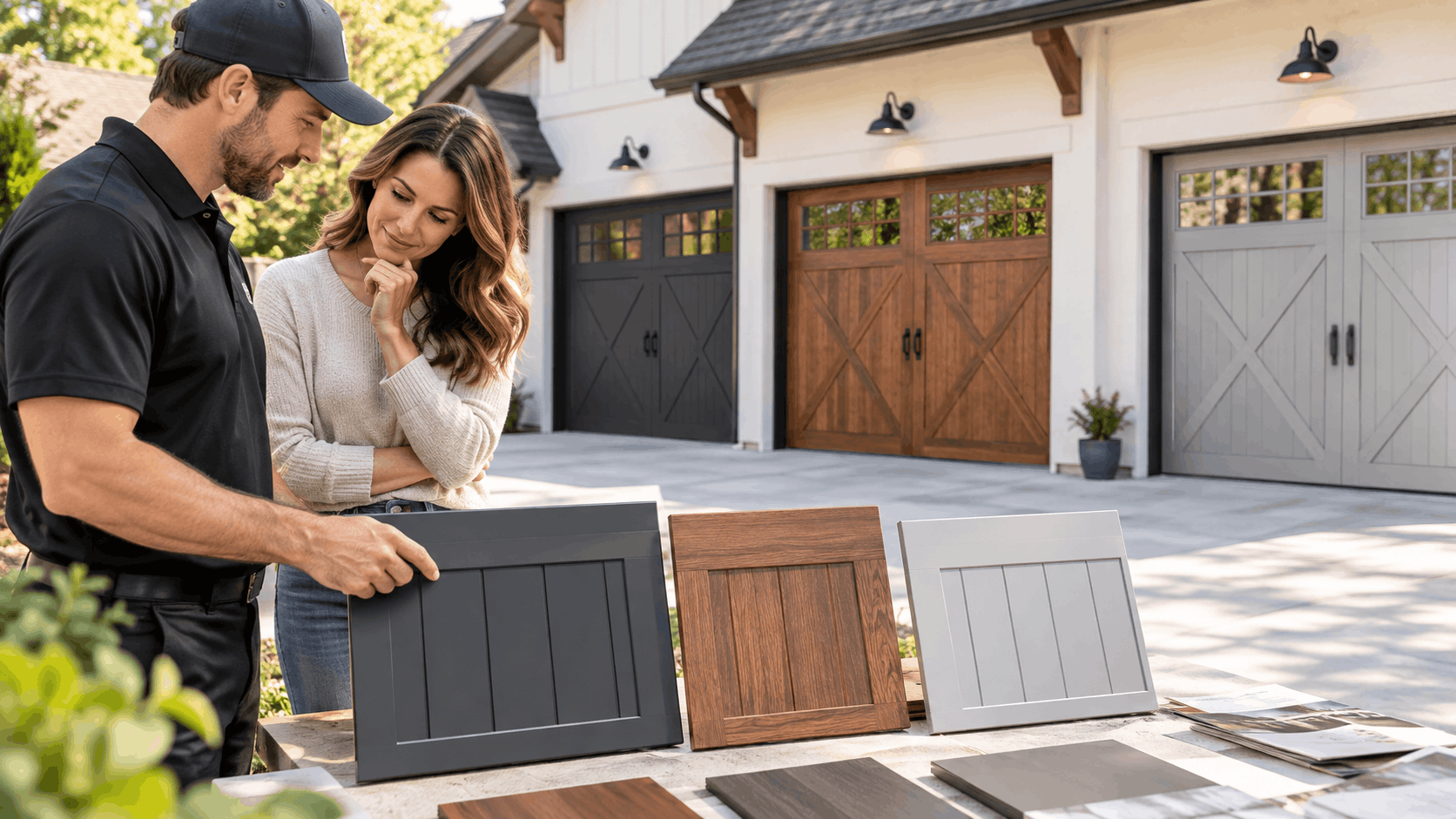 Garage door consultant showing homeowner carriage house door style samples in Irvine driveway