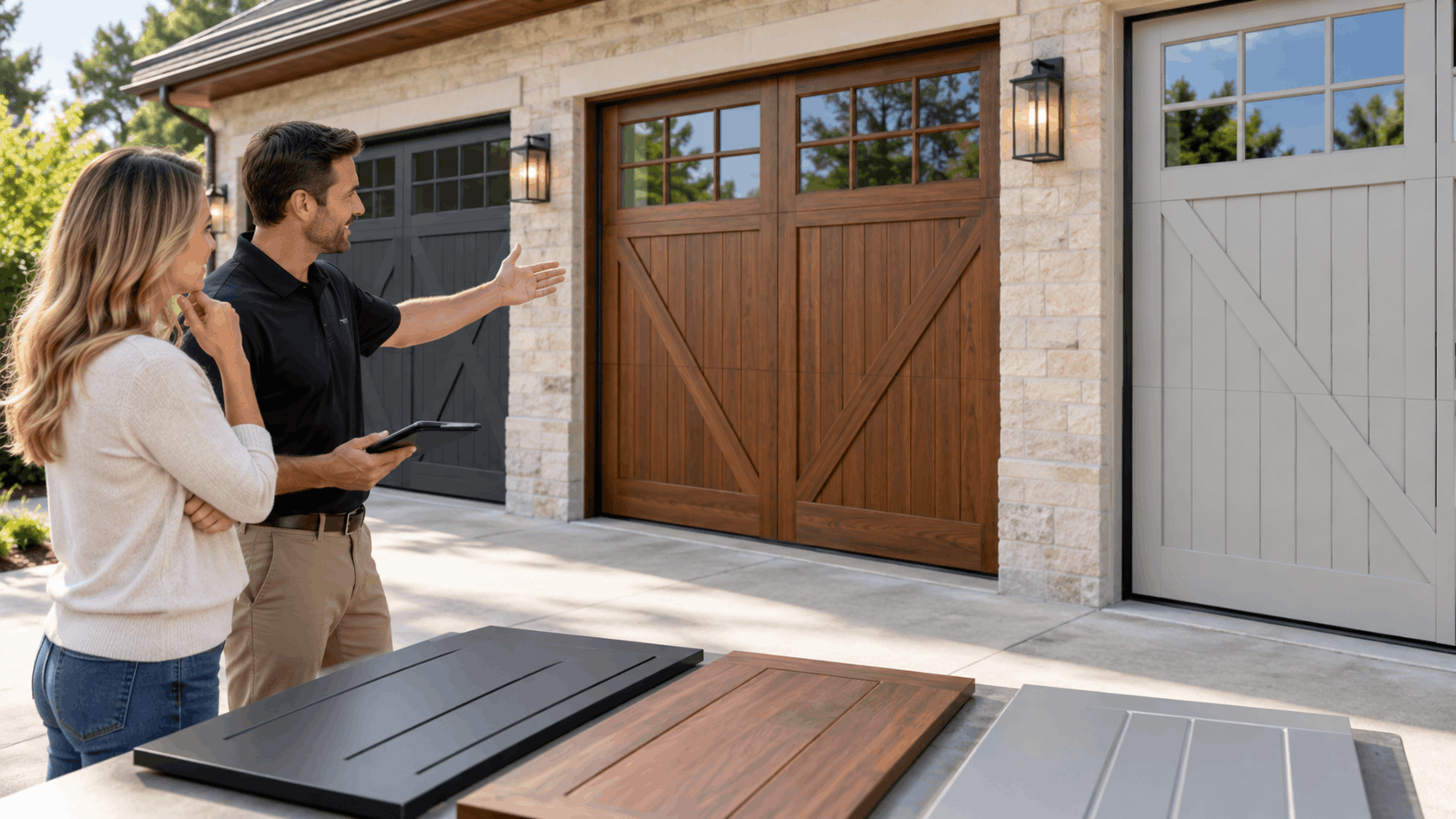 Garage door consultant showing wood carriage house door options to homeowner in Irvine