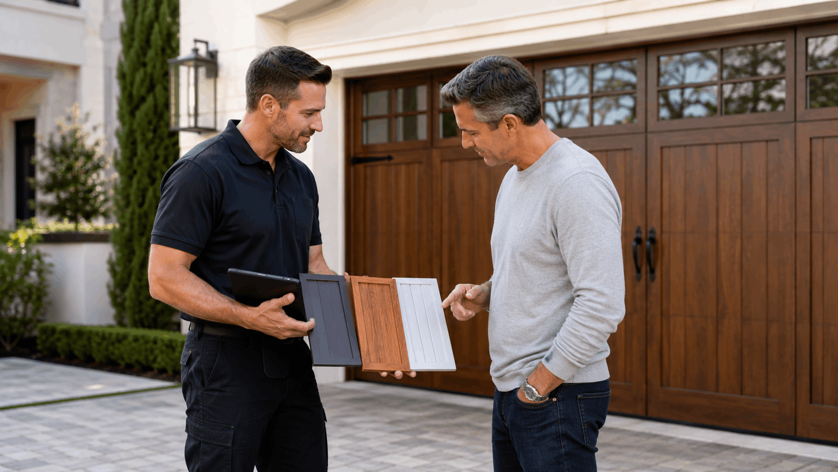 Garage door contractor showing color samples to homeowner outside Irvine residence