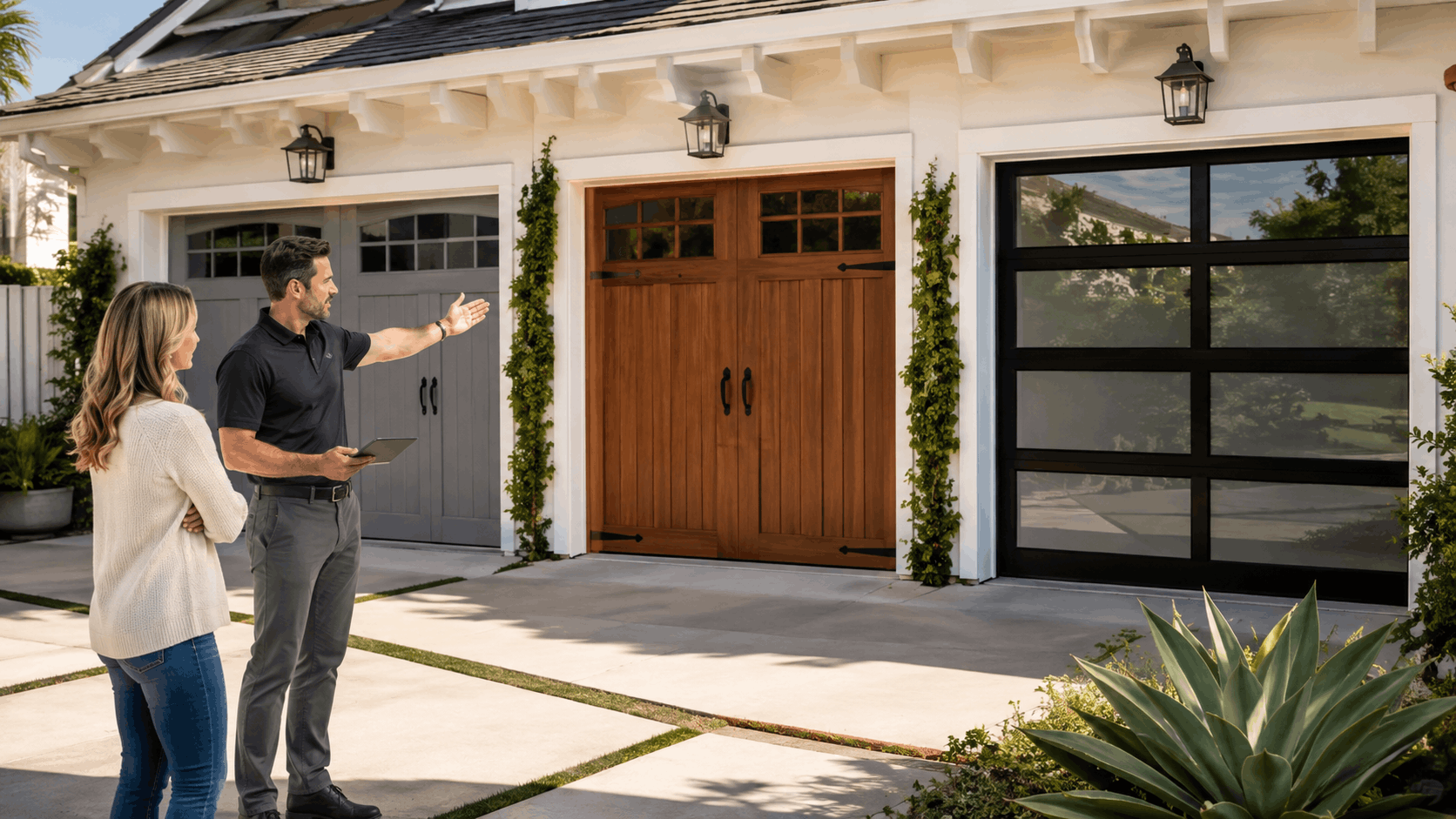 Garage door consultant showing Irvine homeowner three garage door style options