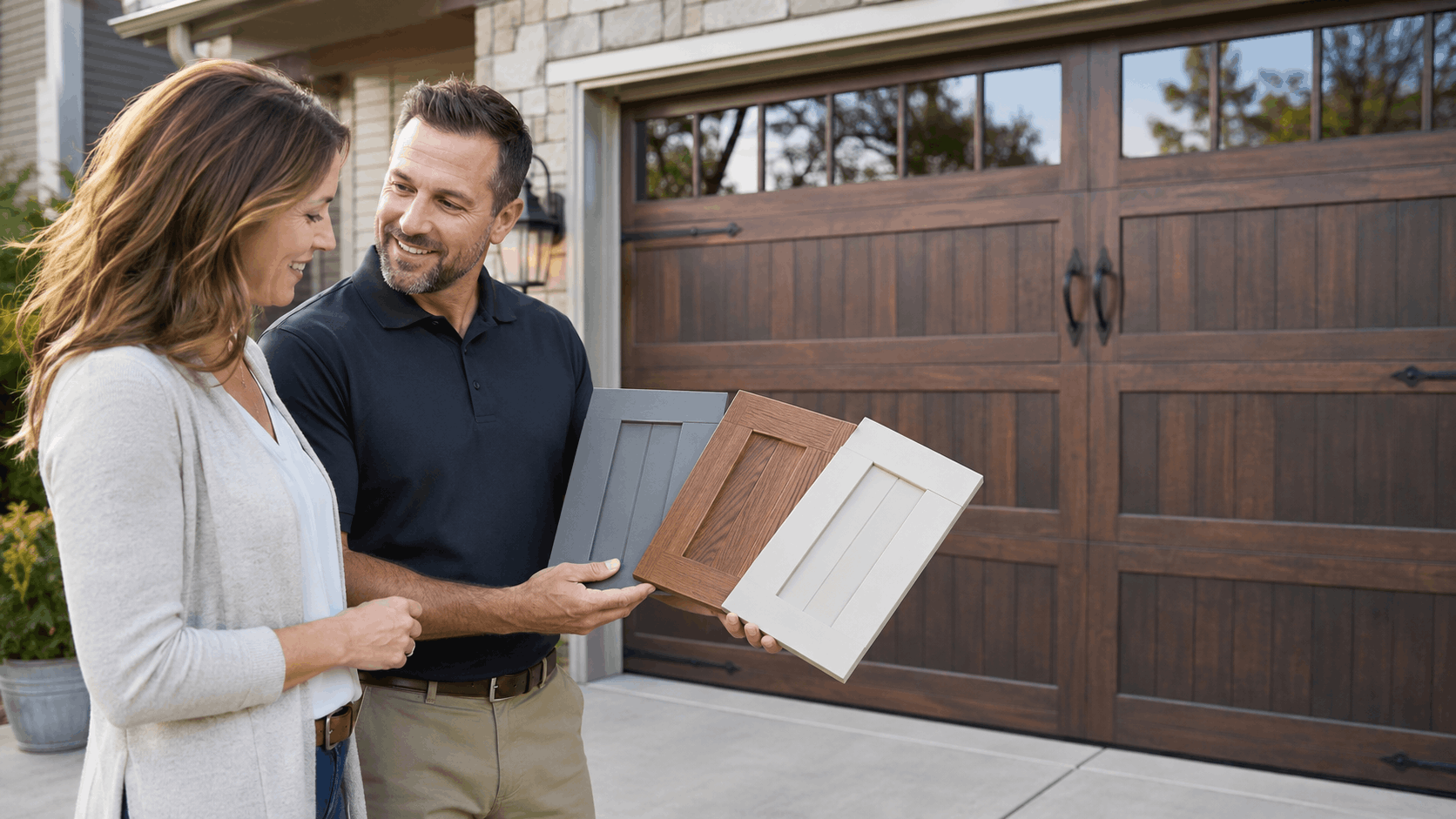 Garage door consultant showing homeowners sample door panel options in Irvine driveway