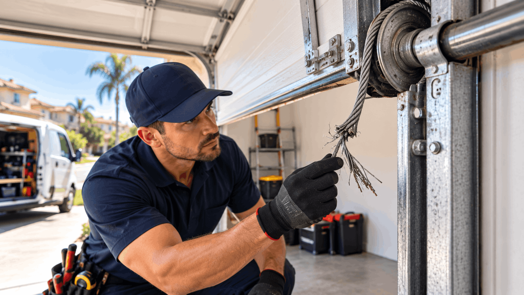 Technician inspecting snapped garage door cable during repair service in Irvine
