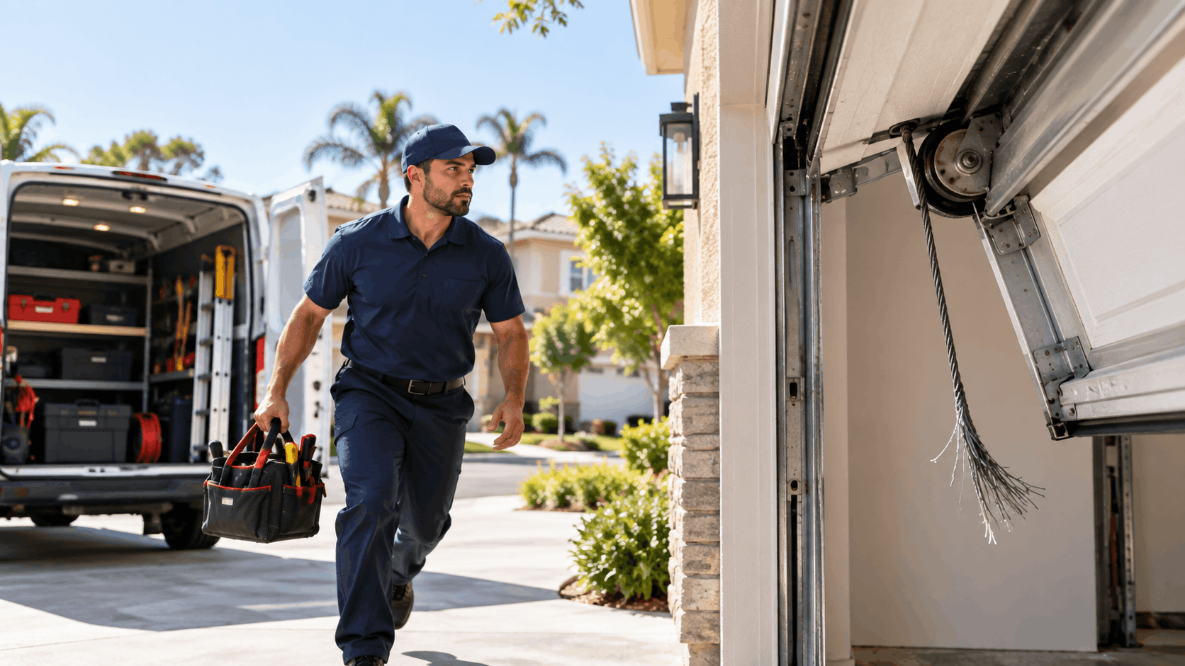 Garage door technician carrying tool bag toward home with snapped cable visible on door