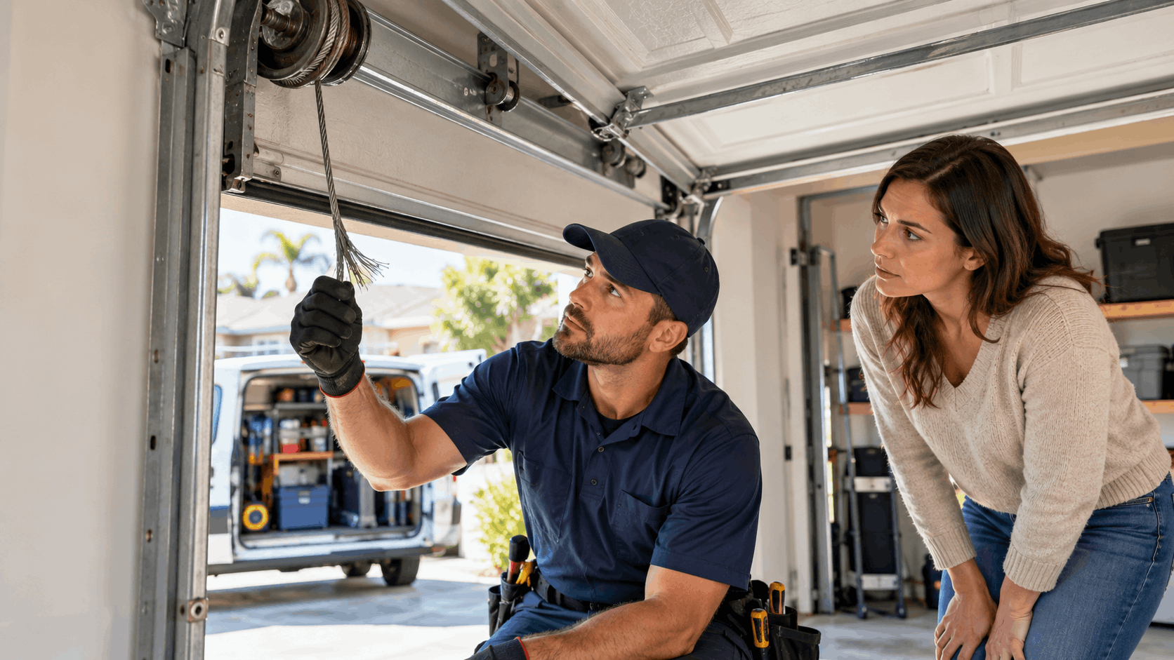 Garage door technician showing homeowner snapped cable during repair in Irvine