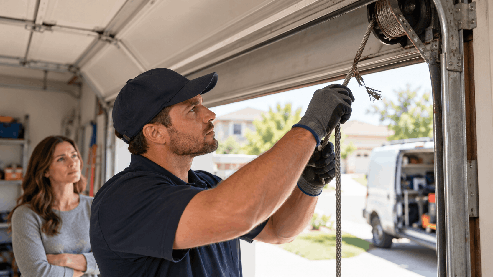 Garage door technician inspecting frayed cable on pulley system in Irvine home