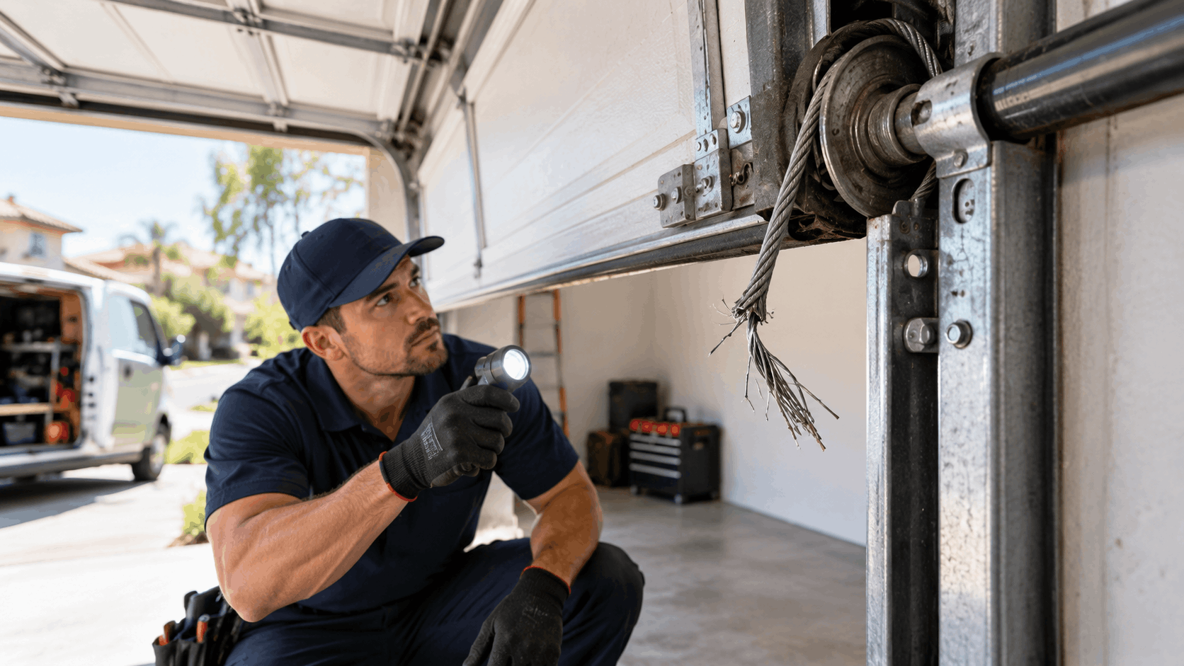 Garage door technician inspecting frayed lift cable with flashlight in Irvine home