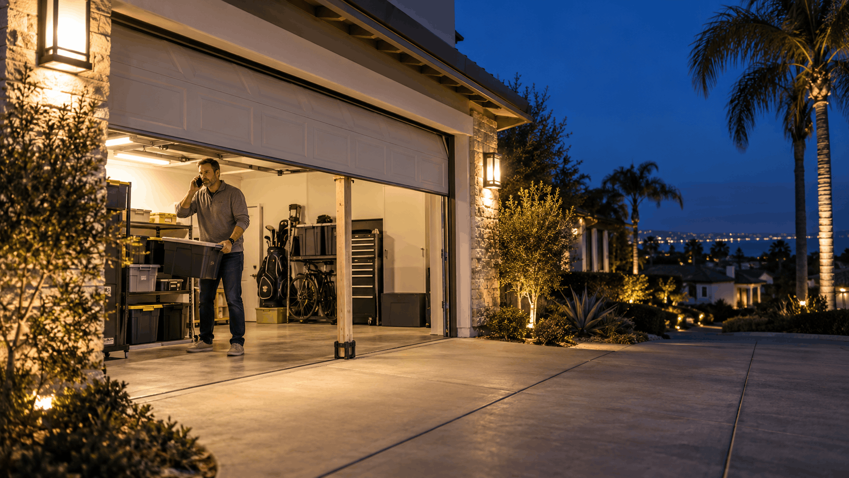 Man carrying box from open garage door at night in Orange County home