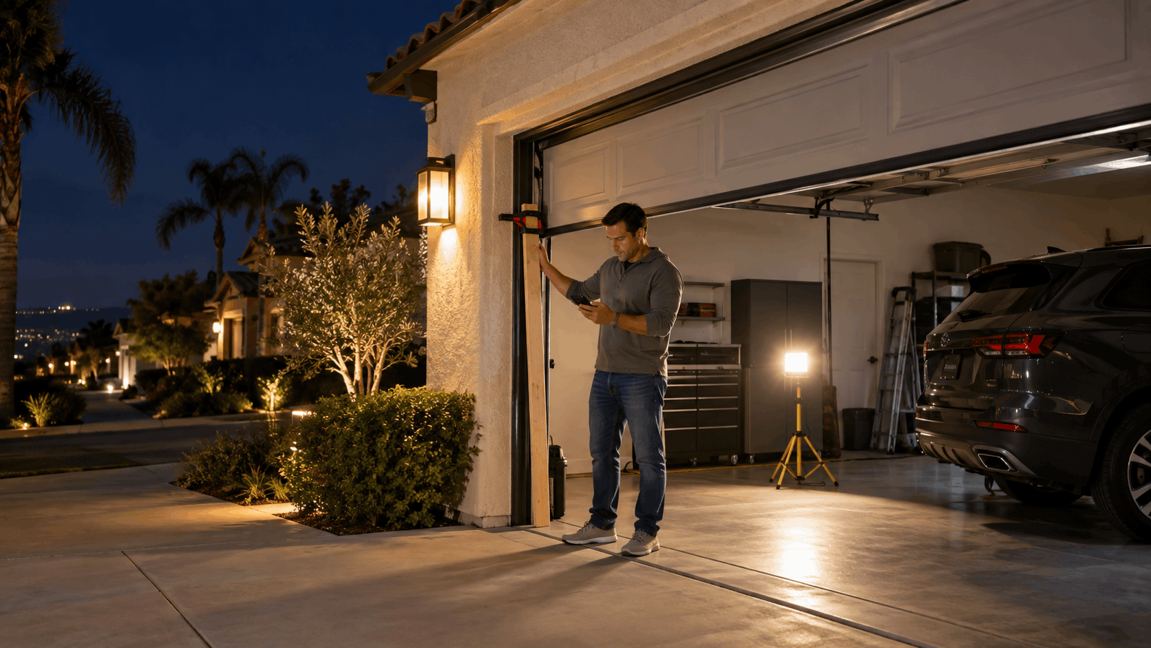 Man using phone to manually secure stuck garage door at night in Irvine