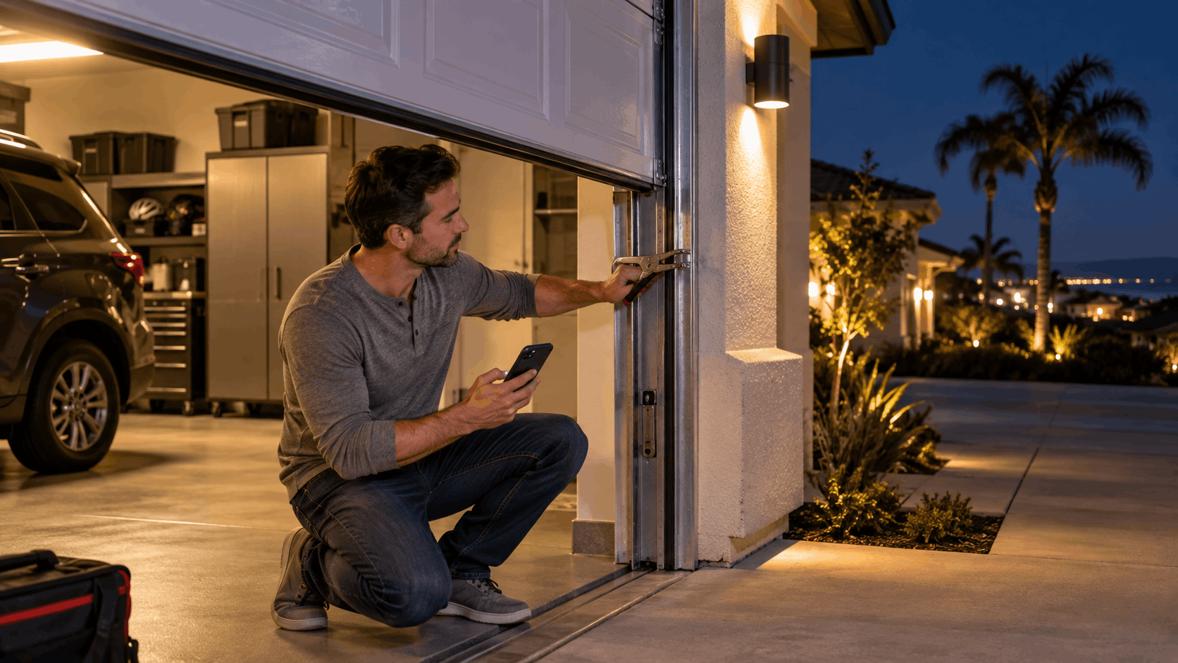 Man crouching at garage door with phone performing urgent nighttime repair inspection