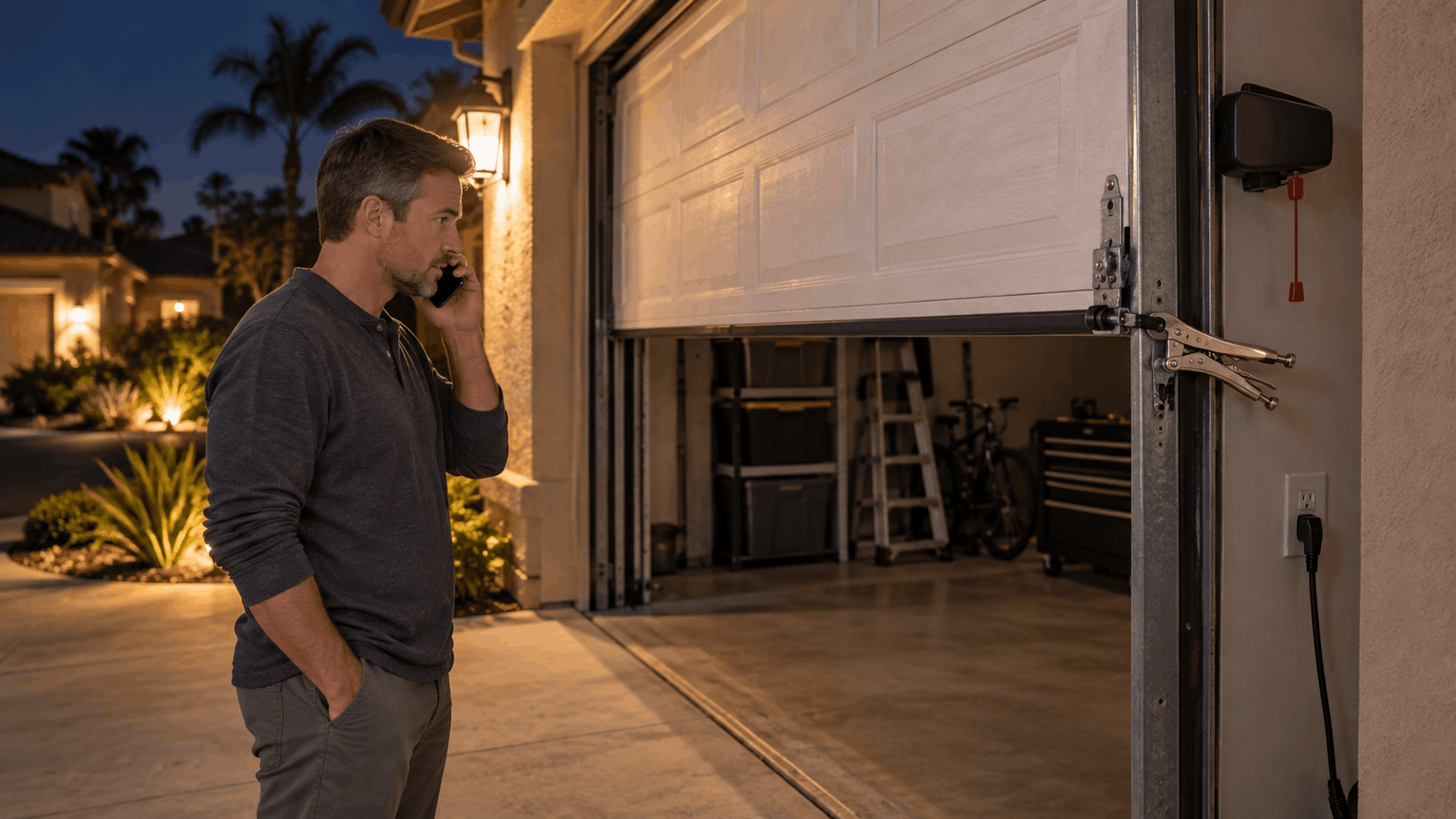 Man on phone at night beside partially open malfunctioning garage door in Irvine