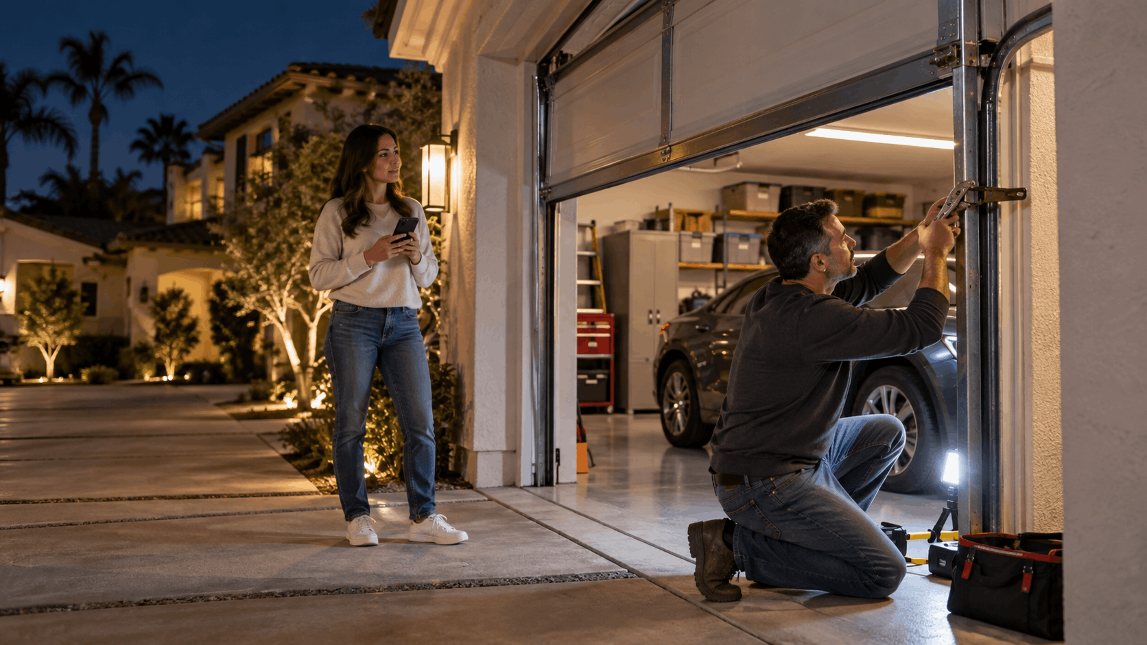 Garage door technician repairing track while homeowner watches in Irvine driveway at night