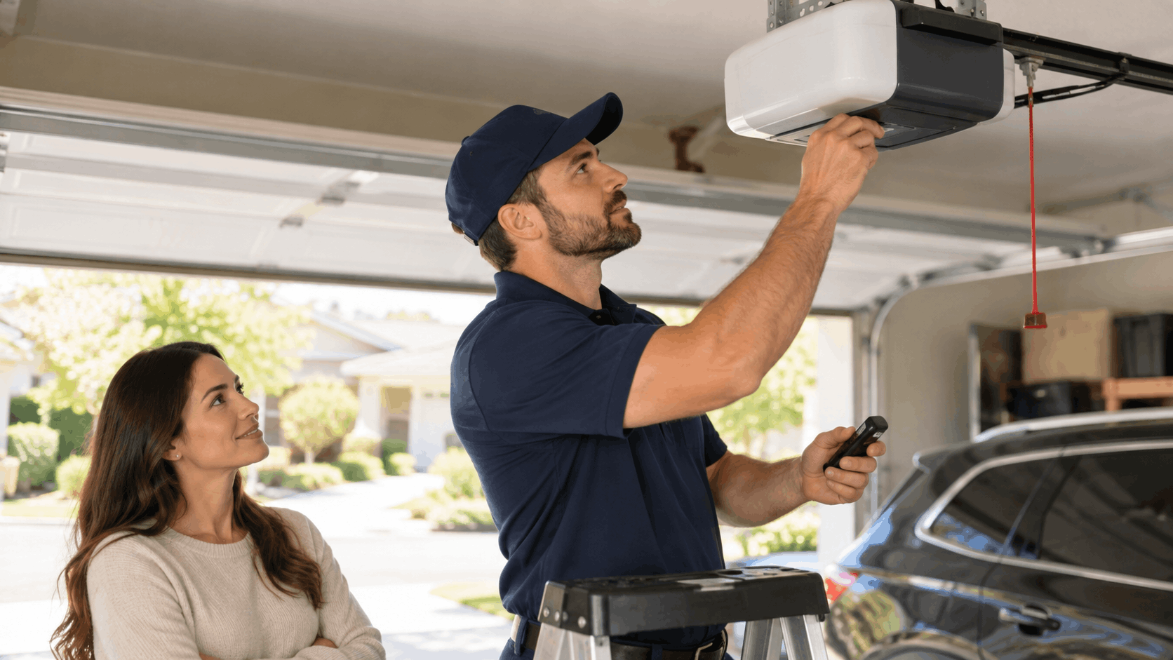 Garage door technician on ladder programming opener while homeowner watches in Irvine garage