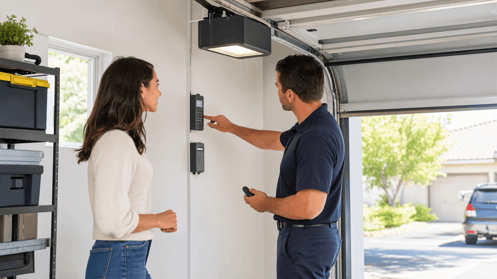Garage door technician programming wall keypad panel while explaining to homeowner in Irvine