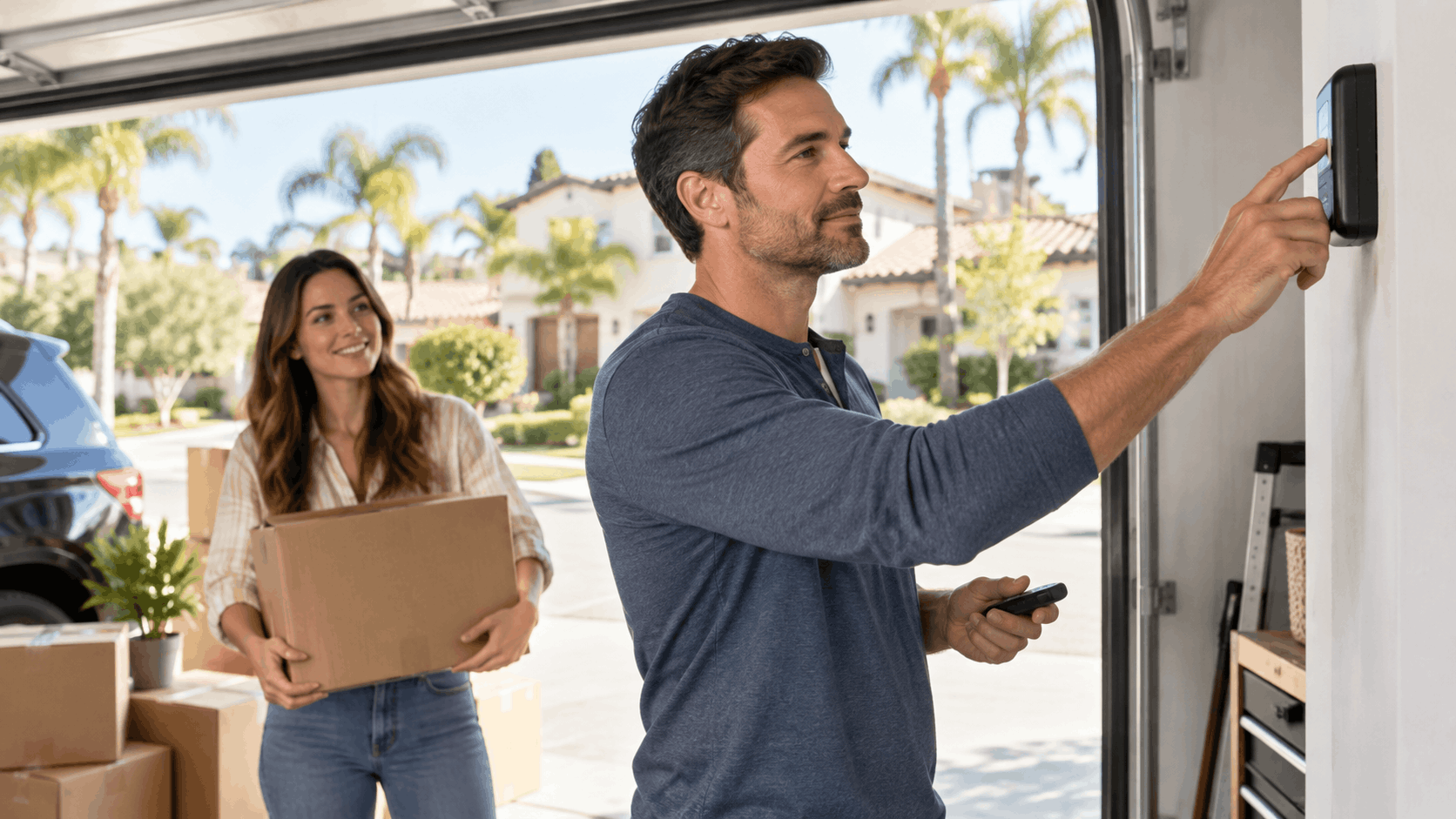Man pressing garage door keypad while woman carries moving boxes in sunny driveway