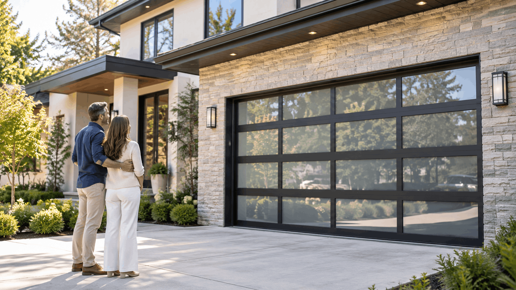 Couple admiring modern aluminum and glass garage door on luxury Irvine home