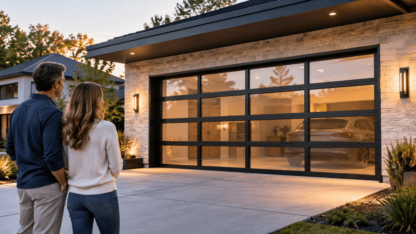 Couple admiring modern glass panel garage door on Irvine home at dusk