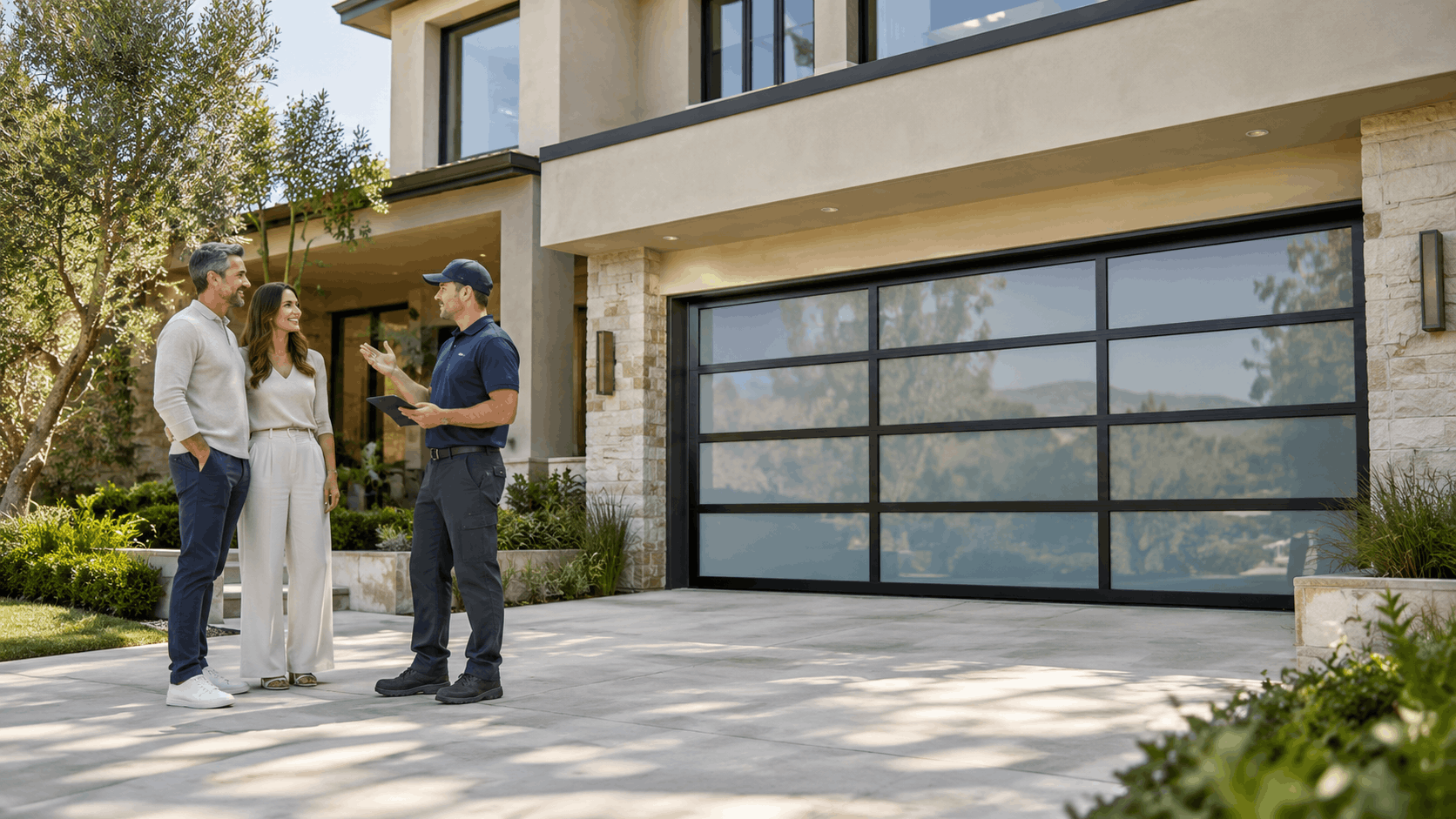 Garage door technician consulting homeowners outside modern Lake Forest home with glass panel garage door