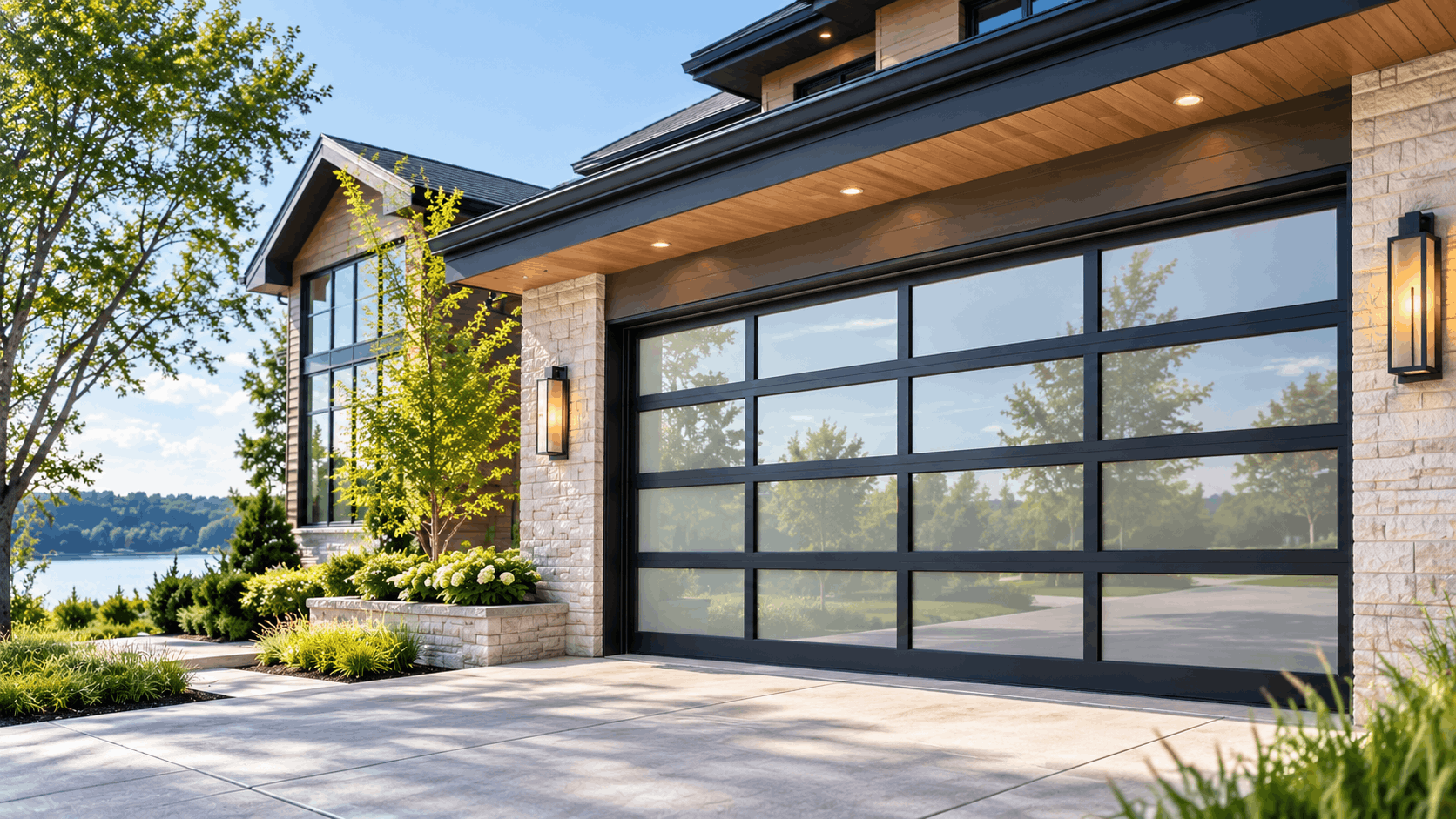 Modern full-view glass panel garage door installation on luxury stone home exterior