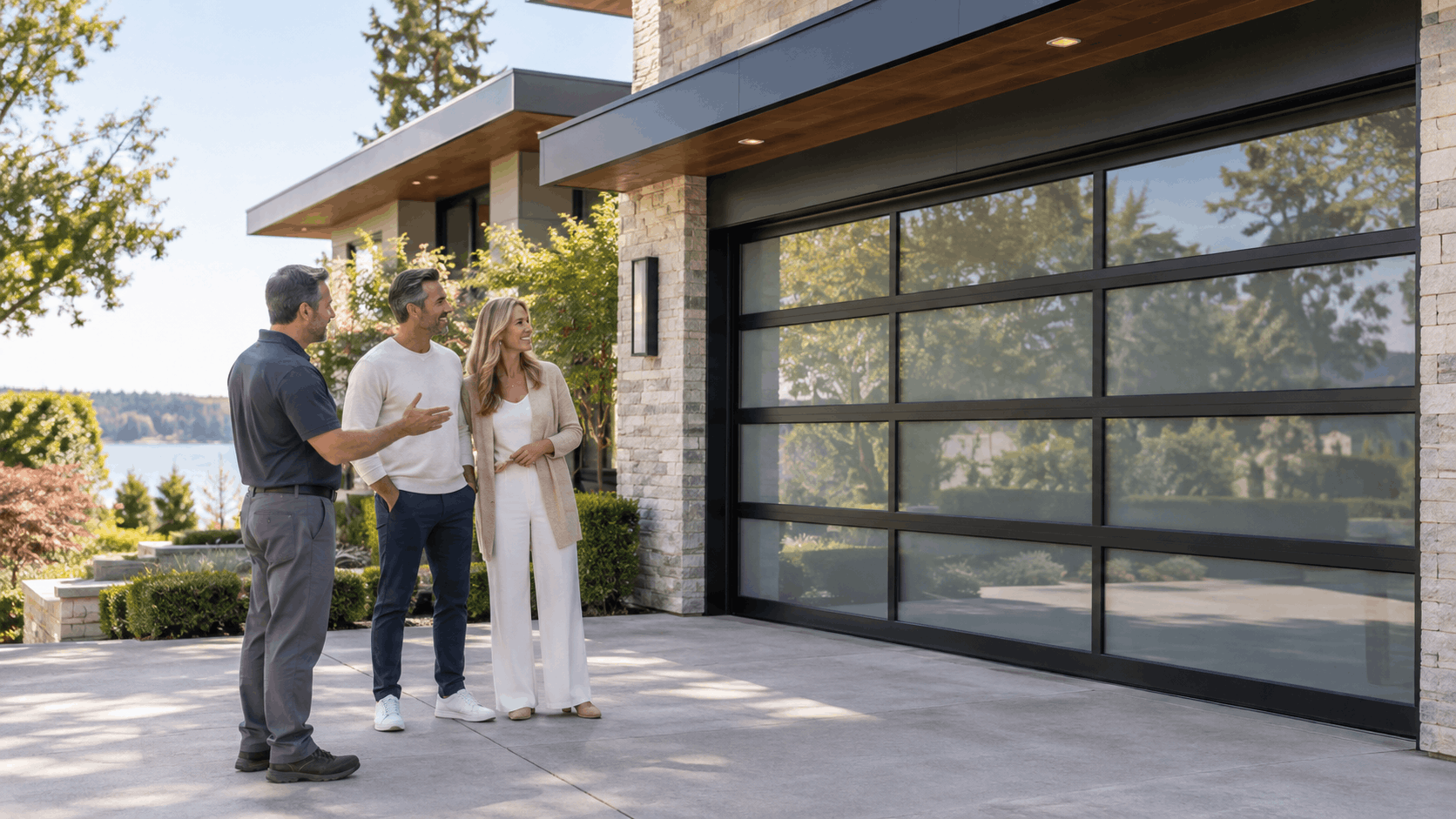 Garage door technician consulting with homeowners beside modern glass panel garage door Irvine