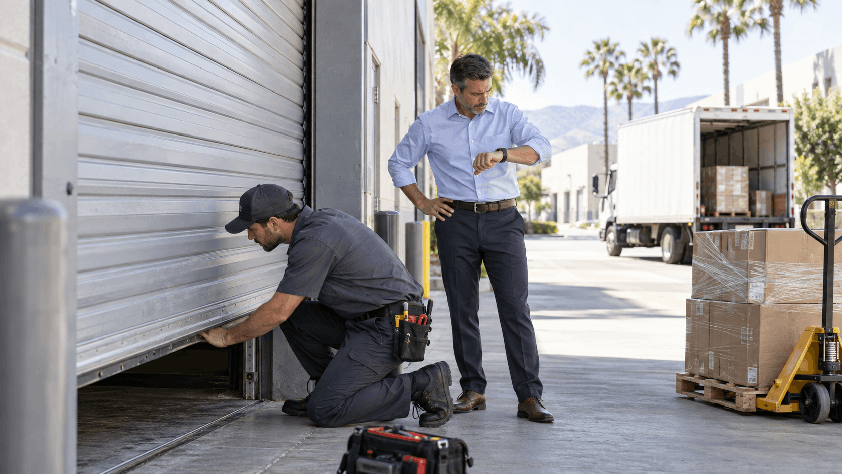 Technician repairing stuck commercial roll-up door while manager checks watch urgently