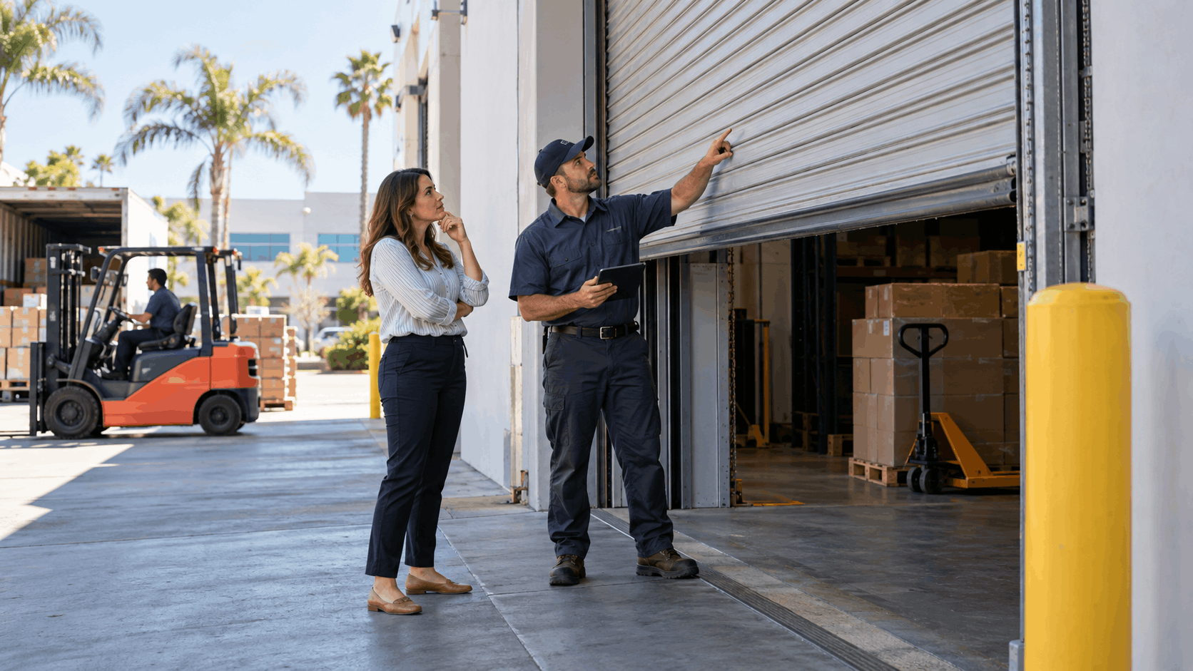 Warehouse manager and technician inspecting malfunctioning roll-up garage door in Irvine