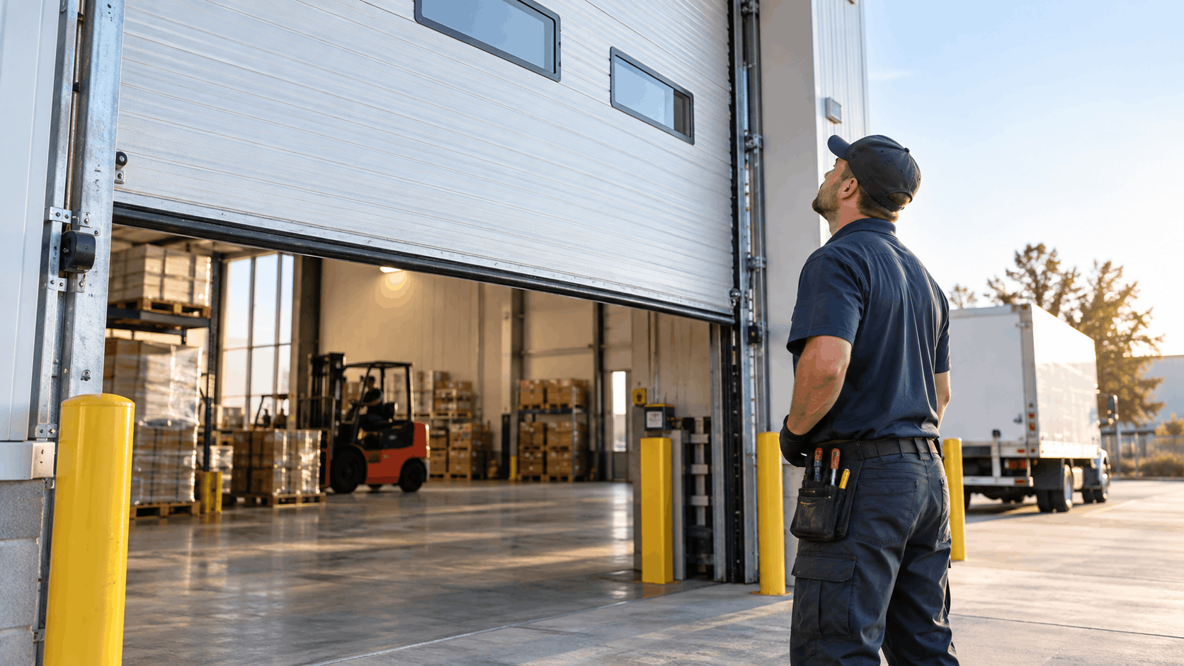 Technician inspecting large commercial warehouse garage door at loading dock in Irvine