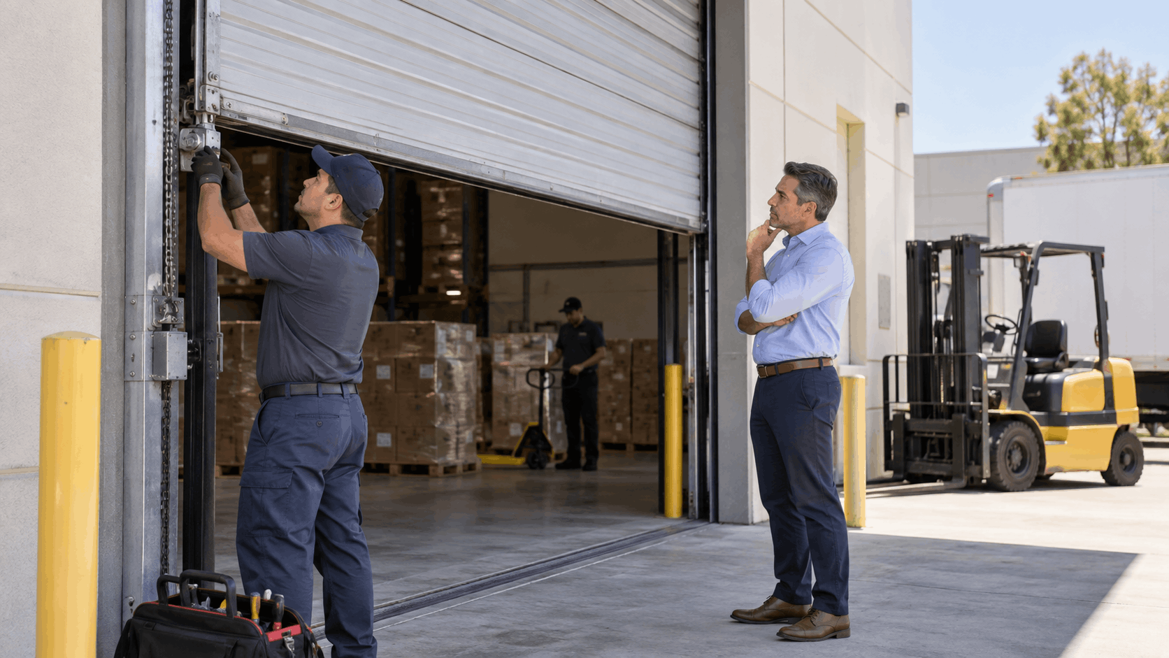 Technician repairing commercial warehouse roll-up door while Irvine business owner observes nearby forklift