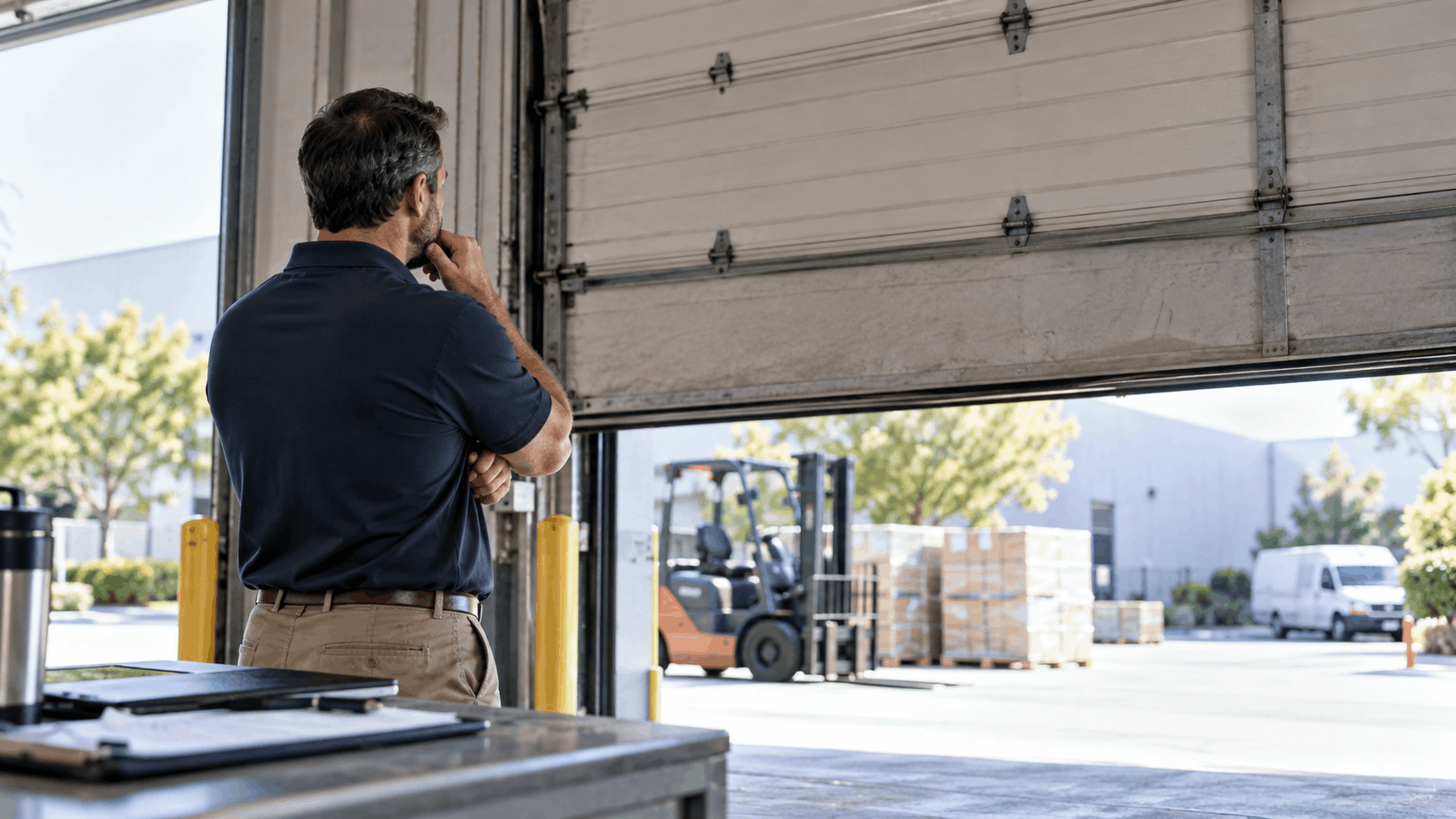 Warehouse manager inspecting open commercial garage door with forklift and pallets outside
