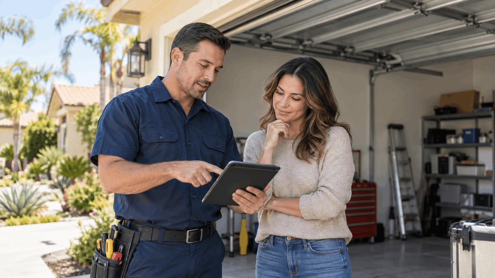 Licensed garage door contractor showing homeowner CSLB credentials on tablet in Irvine driveway