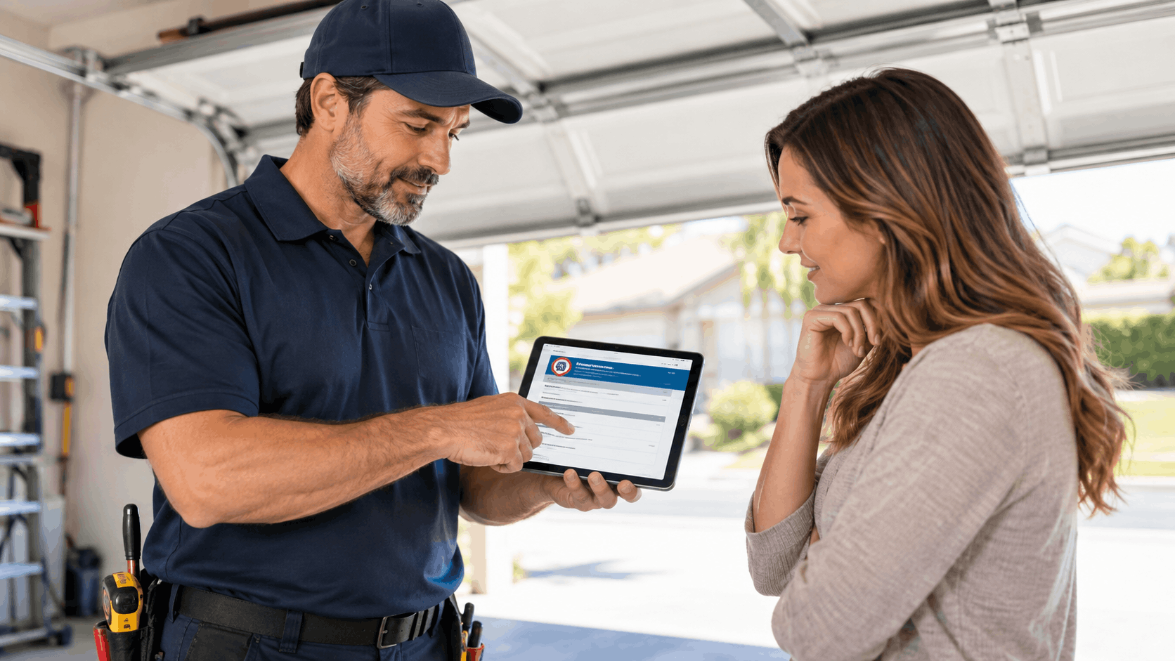 Contractor showing homeowner CSLB license lookup results on tablet in garage