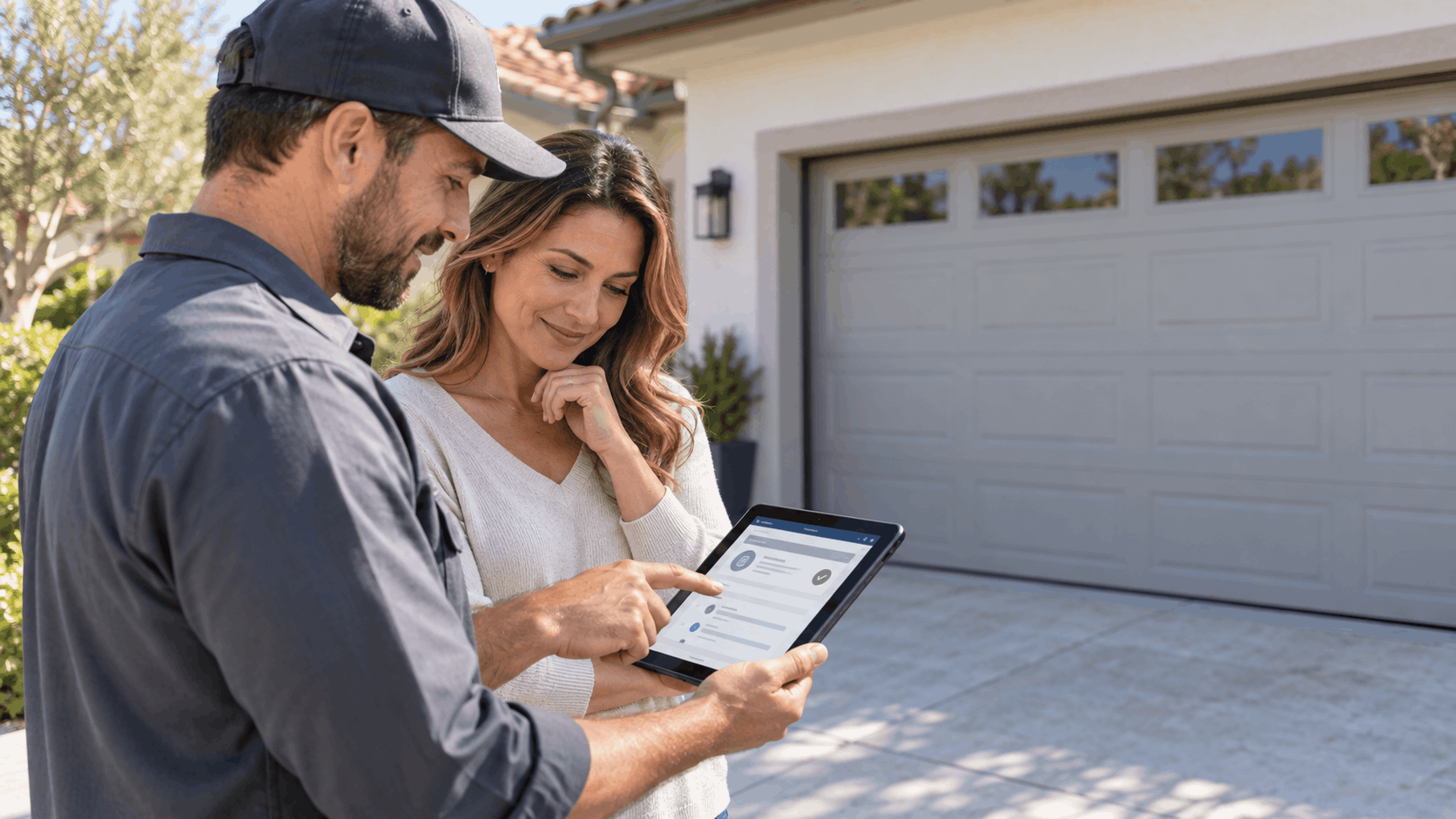 Contractor showing homeowner garage door service details on tablet outside driveway