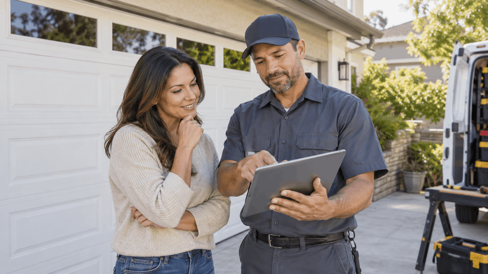 Garage door technician showing tablet estimate to Irvine homeowner in driveway