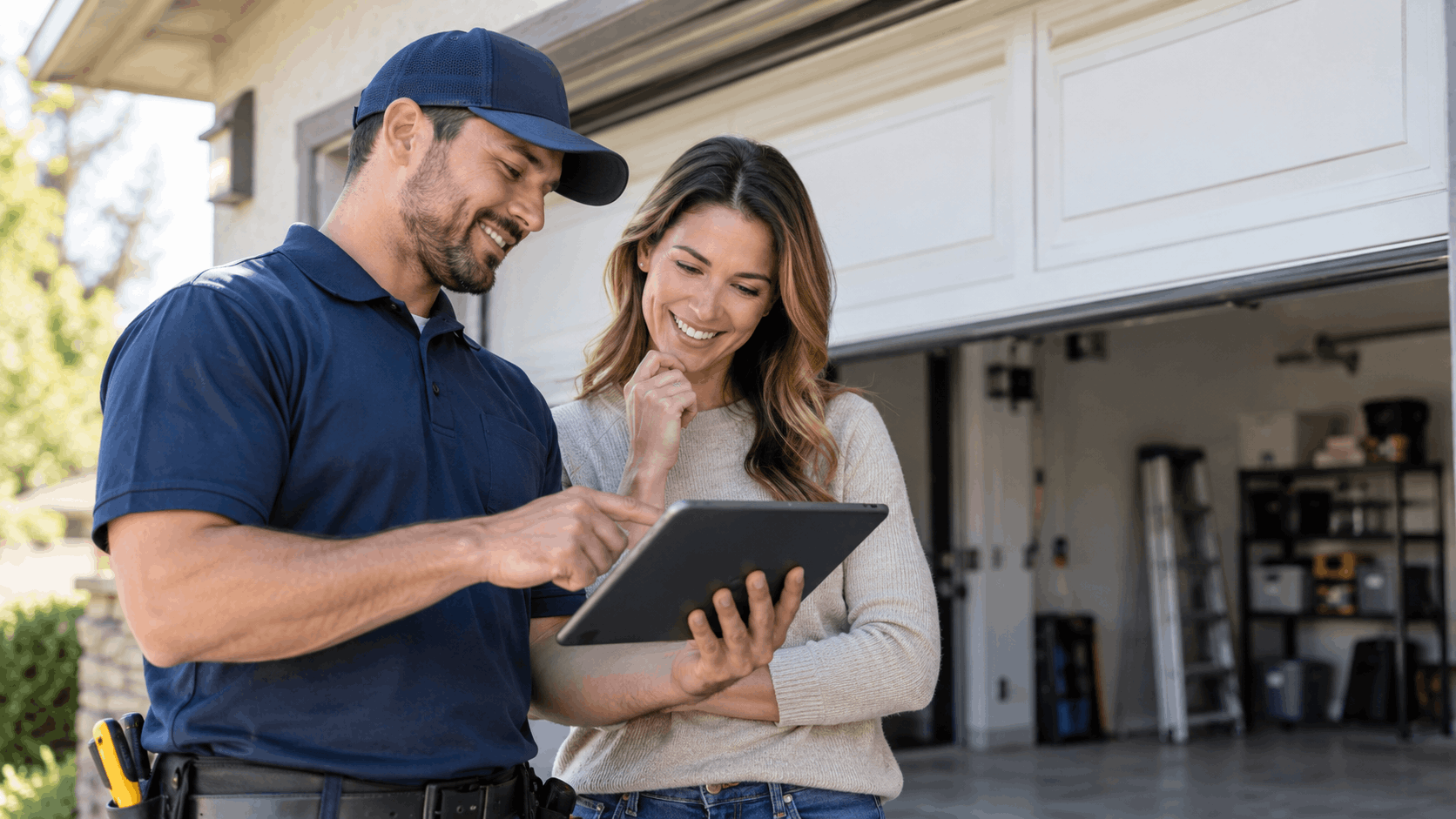 Garage door technician showing homeowner tablet with repair information in Irvine driveway