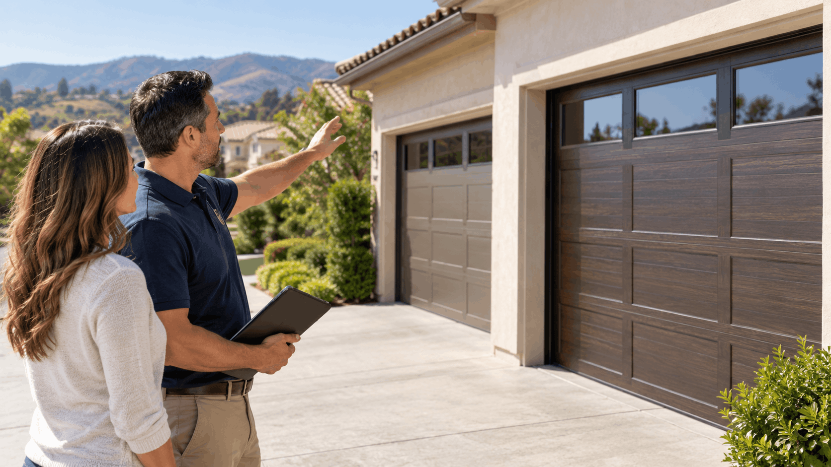 HOA inspector pointing at garage doors while consulting homeowner in South Orange County
